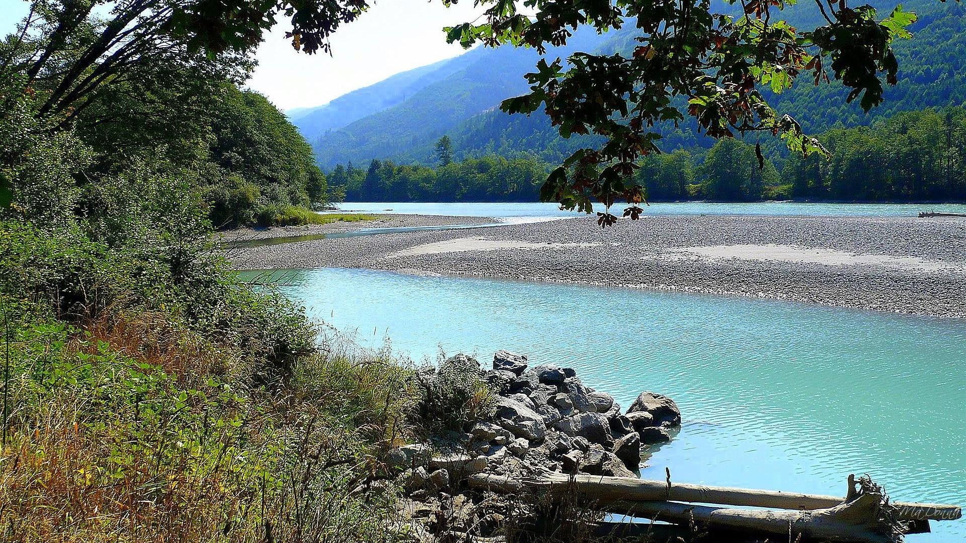 mountain, 3d and abstract, water, washington, skagit, summer, covered, river bank, sandbar, 1080P, trees, mountains, near, blue, grass, river, HD Wallpaper