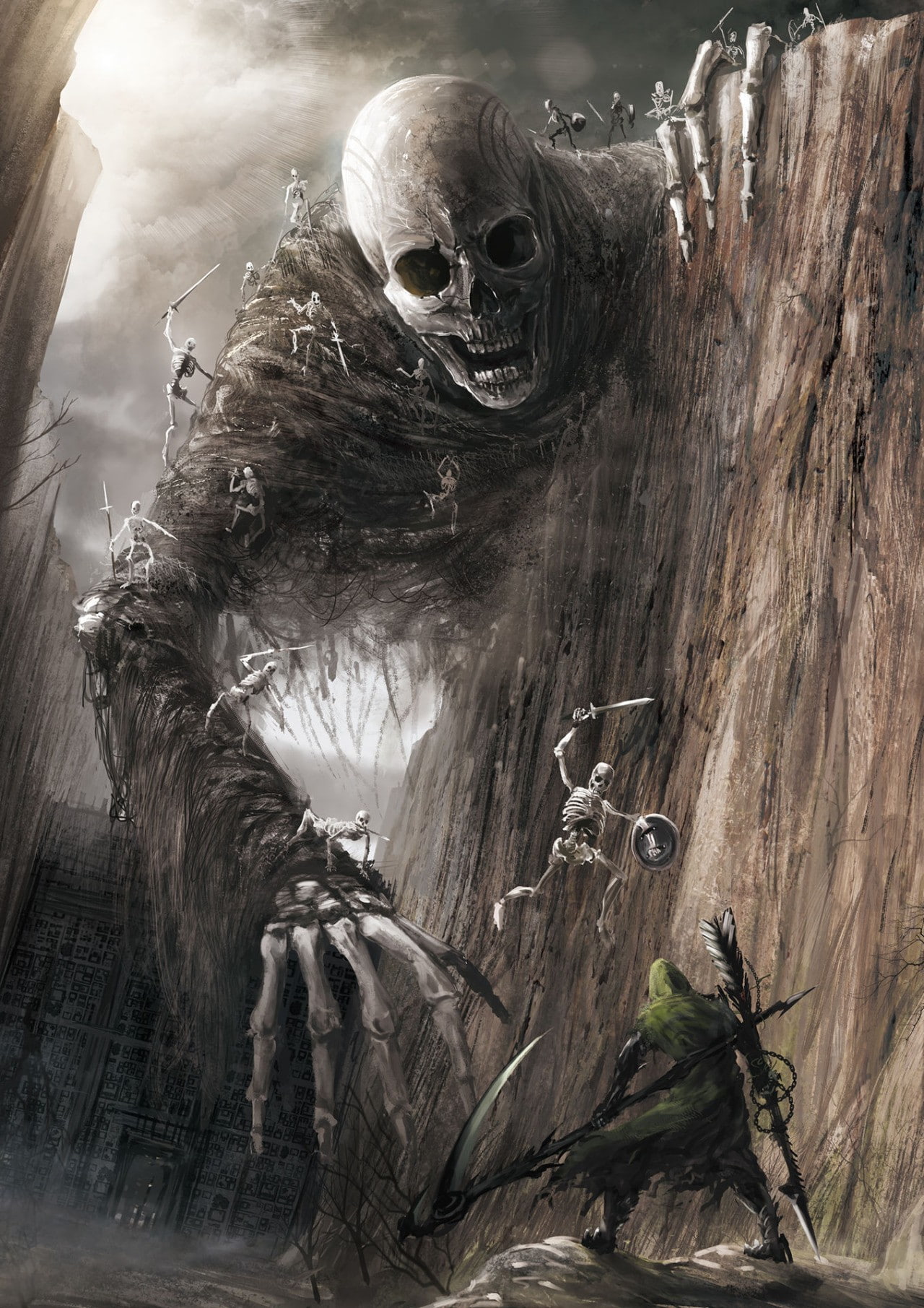 spooky, digital art, scythe, giant, skeleton, portrait display, sword, fantasy art, 720P, DeviantArt, skull, bones, Phone HD Wallpaper