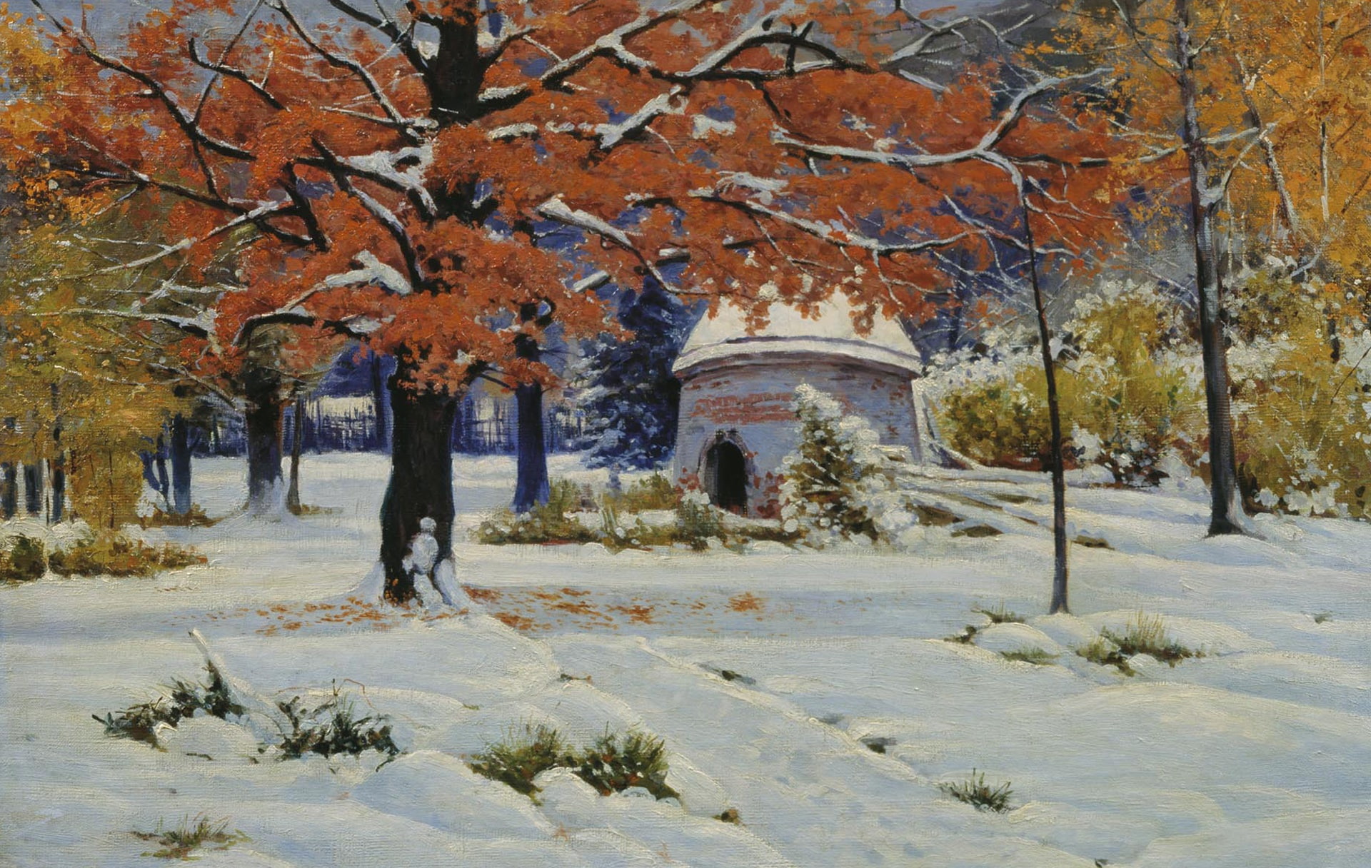 picture, canvas, landscape, Early Snow, Constantine Kryzhitsky, oil, 1080P, HD Wallpaper