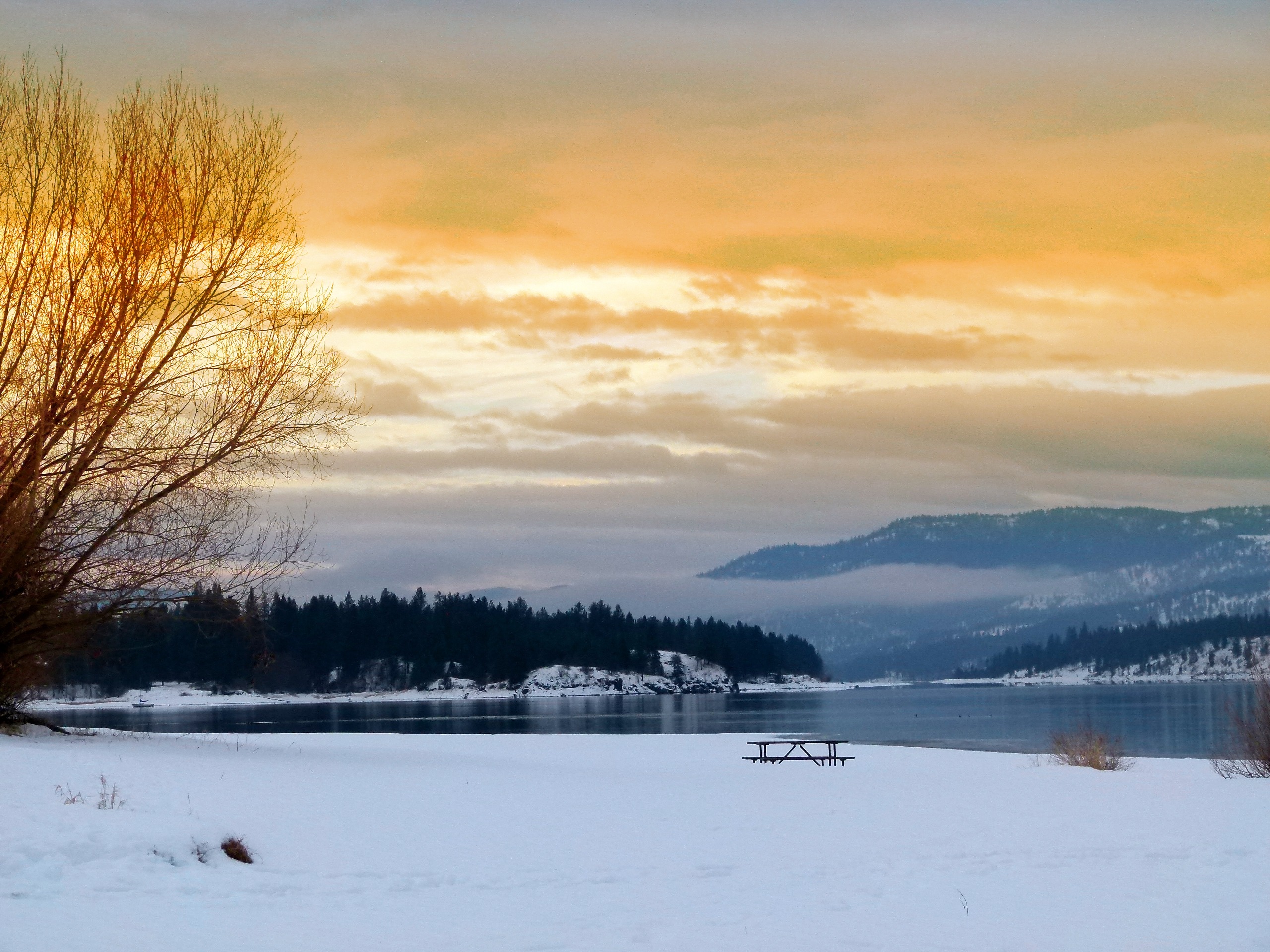 2K, cold temperature, frozen, outdoors, usa, snowcapped mountain, mountains, beauty in nature, idyllic, picnic, table, sky, lake roosevelt, sunset, washington state, HD Wallpaper