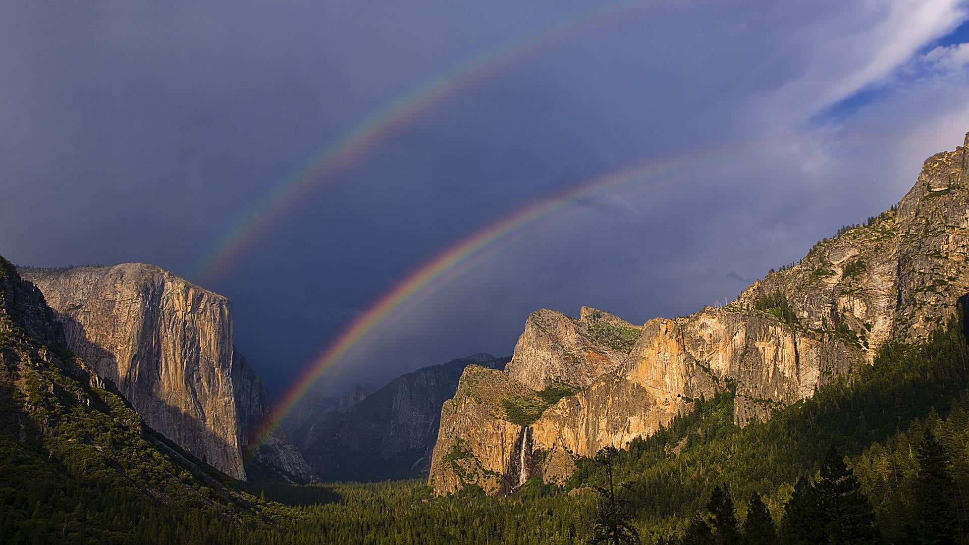 wilderness, rainbow, outdoors, idyllic, double rainbow, multi colored, cloud, canyon, rock - object, national park, mountain, no people, tranquility, yosemite valley, HD Wallpaper