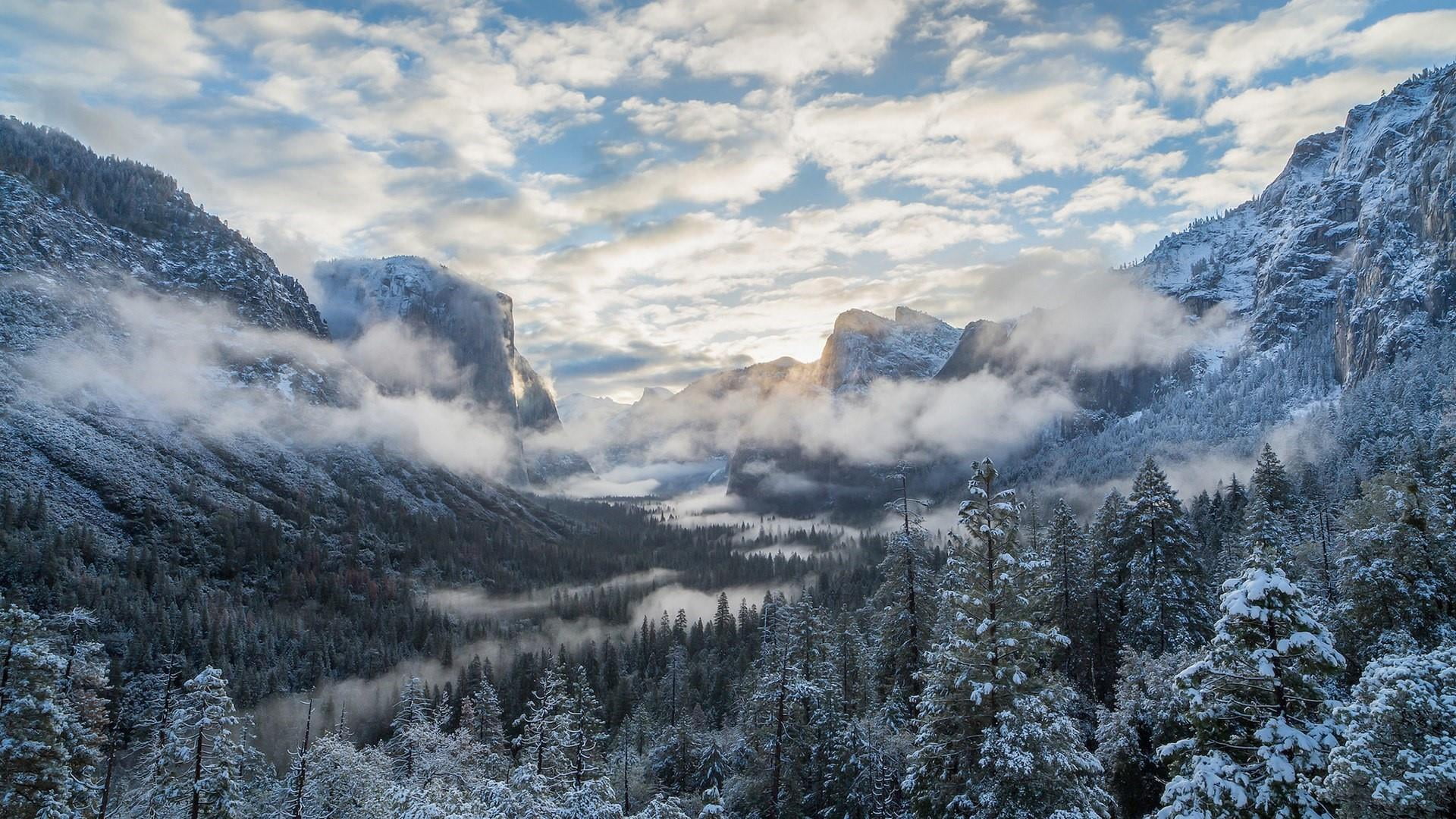 cloud, snowcapped mountain, outdoors, non-urban scene, cloud - sky, yosemite valley, sky, plant, beauty in nature, wilderness, freezing, pine tree, national park, HD Wallpaper