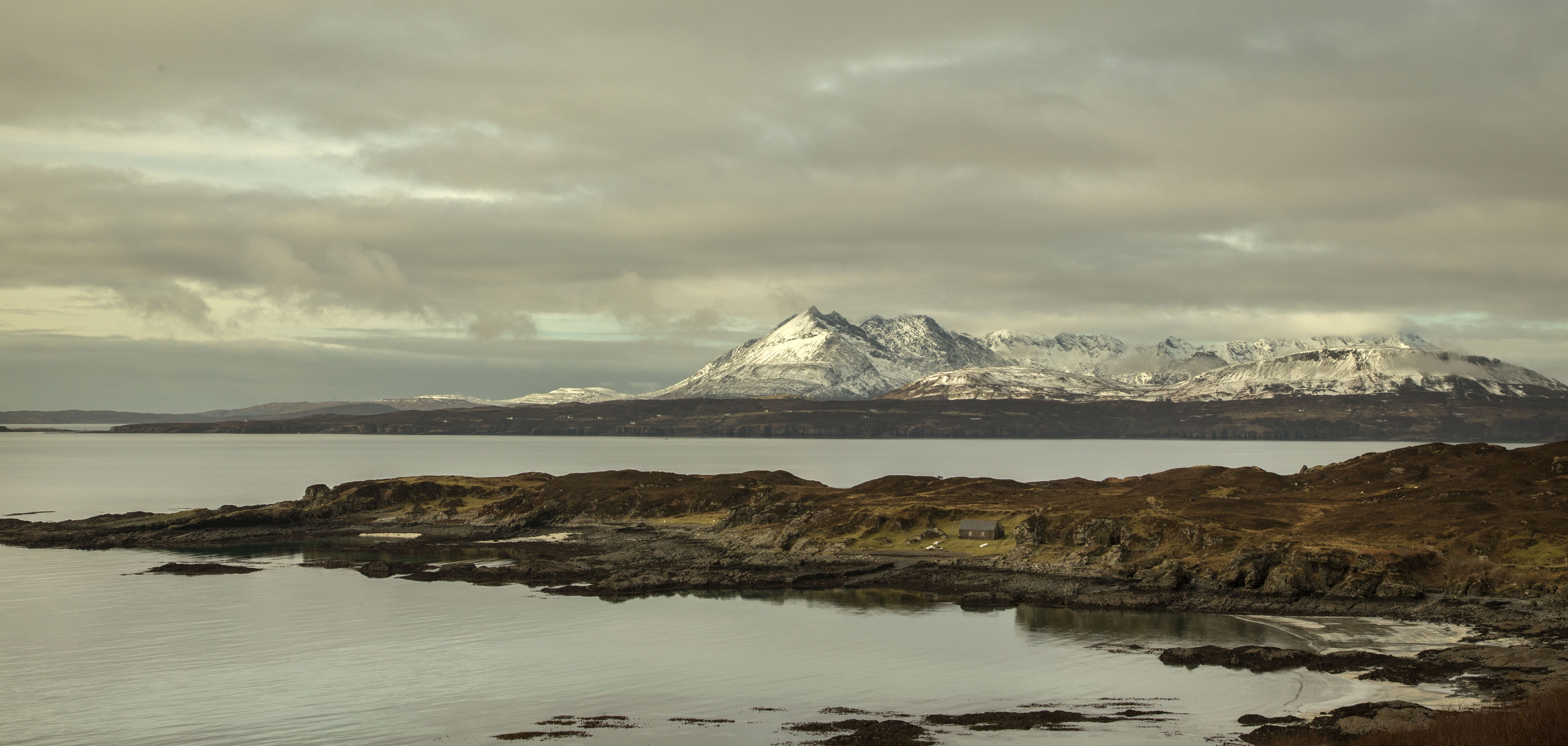 reflection, tarskavaig, no people, cloud - sky, outdoors, winter, nature, 5K, snowcapped mountain, snow, scenics - nature, sea, isle of skye, water, old church, HD Wallpaper