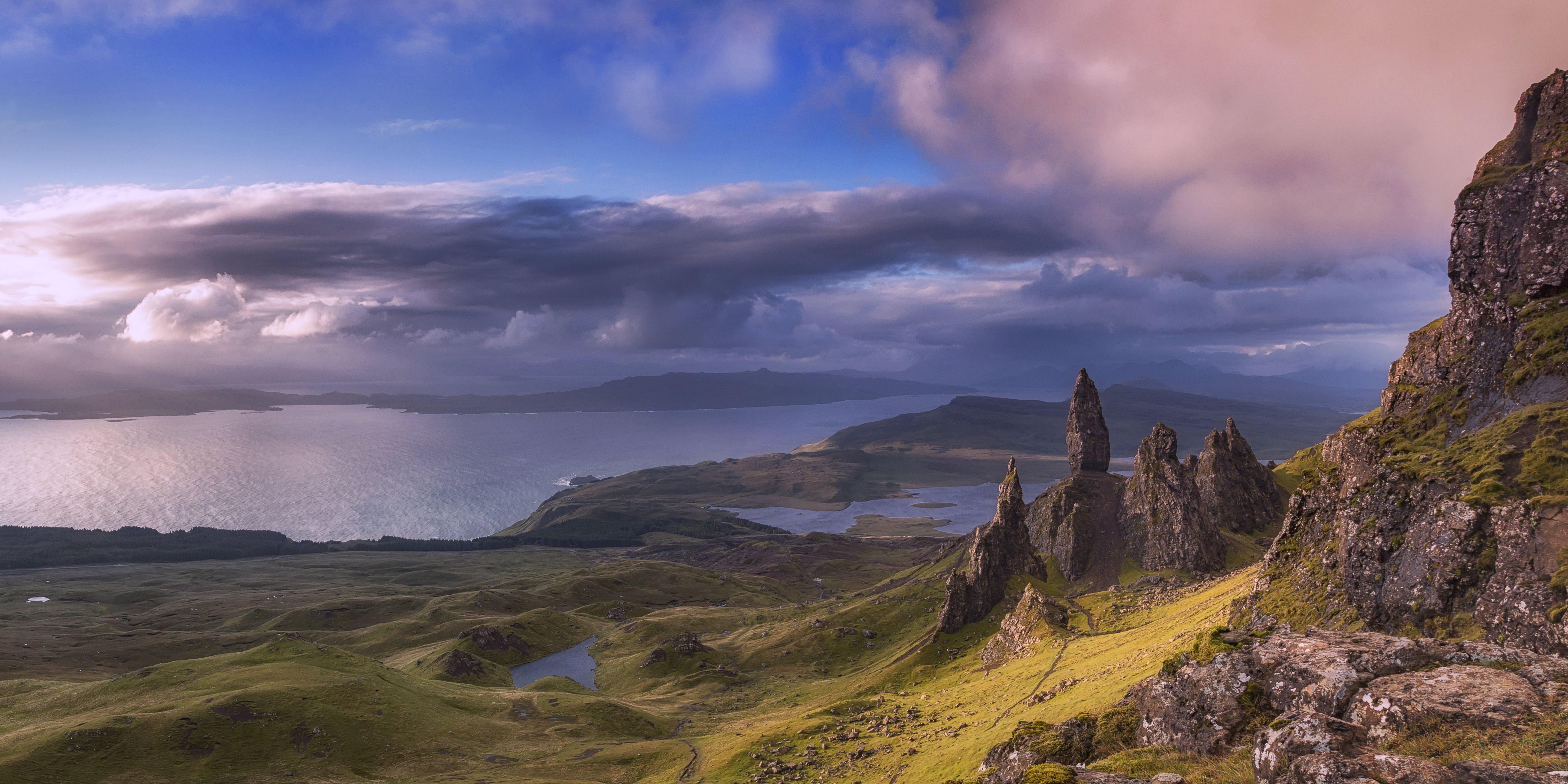 aerial, green, field, sunset, cloudy, grass field, cloud - Sky, photo, sky, scenics, old man of storr, grass, white, Scotland, hill, green grass, 5K, nature, HD Wallpaper