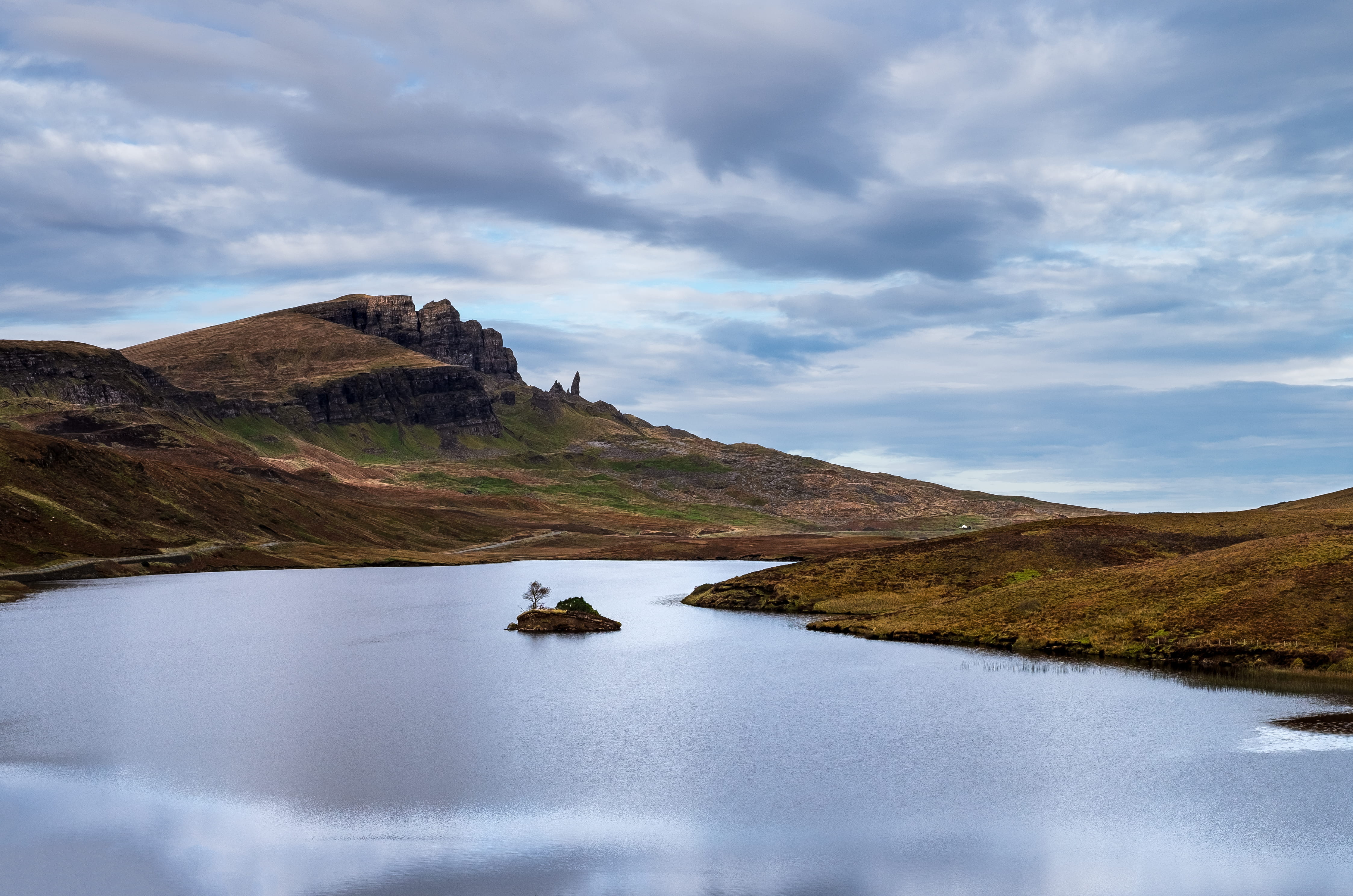 reflection, rural, plain, nature, mountain, non-urban scene, field, near, earth, island, water, landscape, cloud - sky, old man of storr, tranquil scene, HD Wallpaper