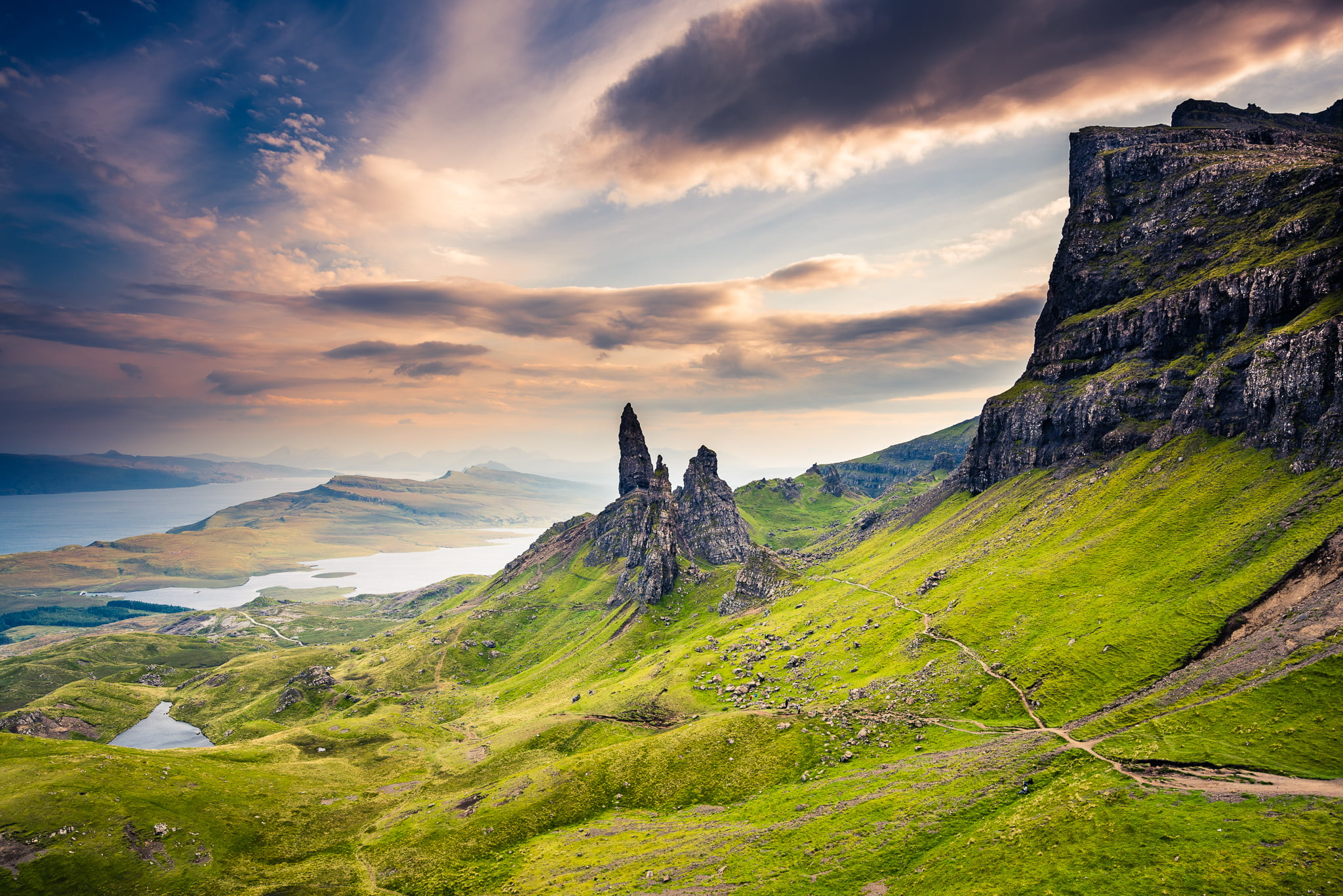 sunset, landscape, europe, hill, outdoors, rock - Object, Old Man of Storr, nature, clouds, sky, sunrise - Dawn, mountain Peak, island, scenics, cloud - Sky, HD Wallpaper