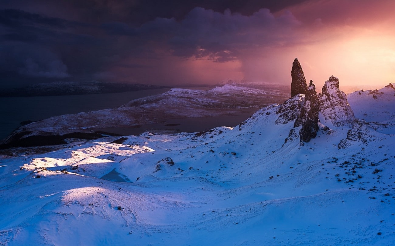 Old Man of Storr, landscape, sea, winter, clouds, summit, snow, island, Scotland, nature, 720P, HD Wallpaper