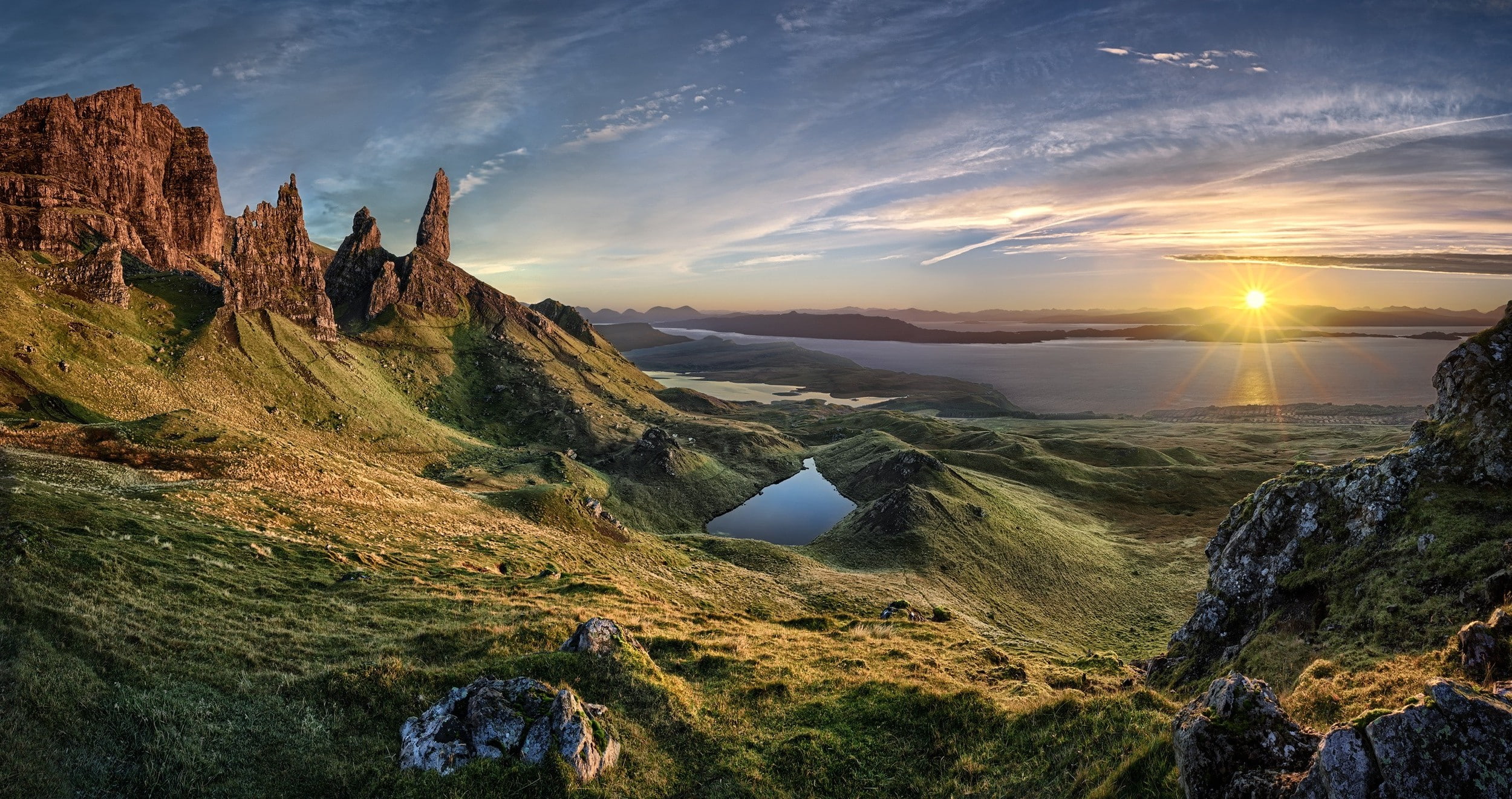 tranquil scene, Sun Rays, Old Man Of Storr, mountain, 1080P, cloud - sky, no people, scenics - nature, sunset, grass, water, sea, sunlight, beauty in nature, HD Wallpaper