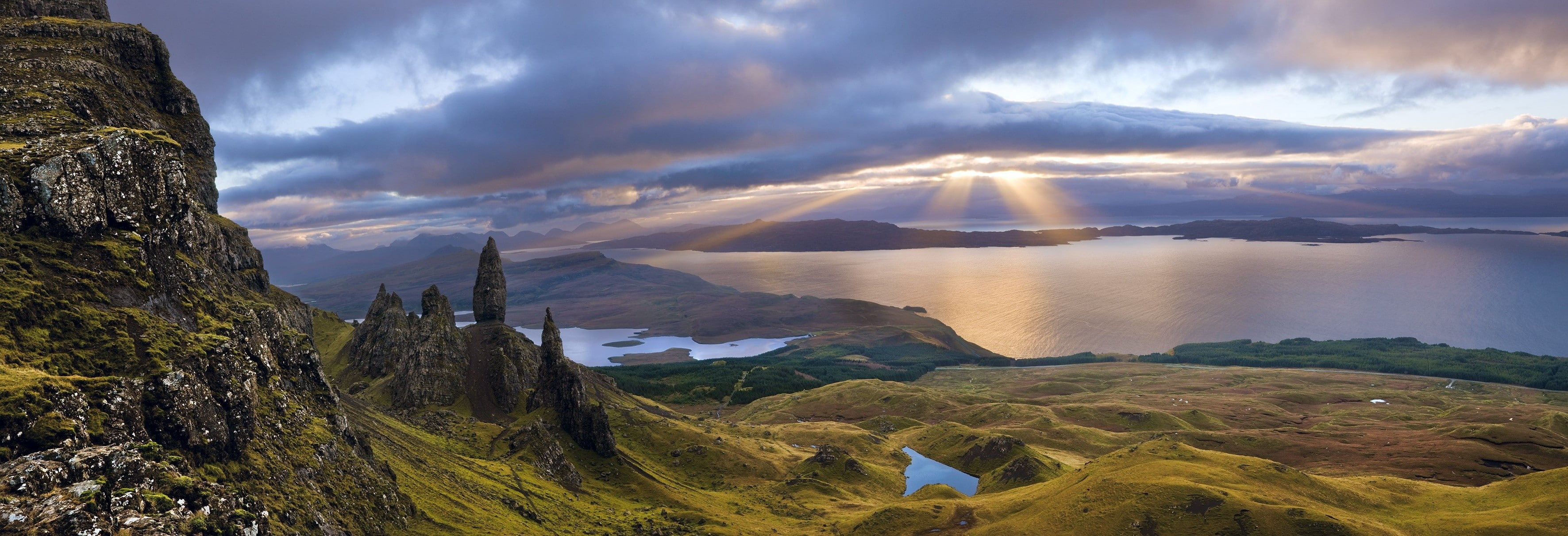 Skye, Bay, land, valley, Panoramas, outdoors, sea, travel, mountain range, beauty in nature, 2K, Sunbeams, sunrise, hiking, nature, non-urban scene, sky, HD Wallpaper