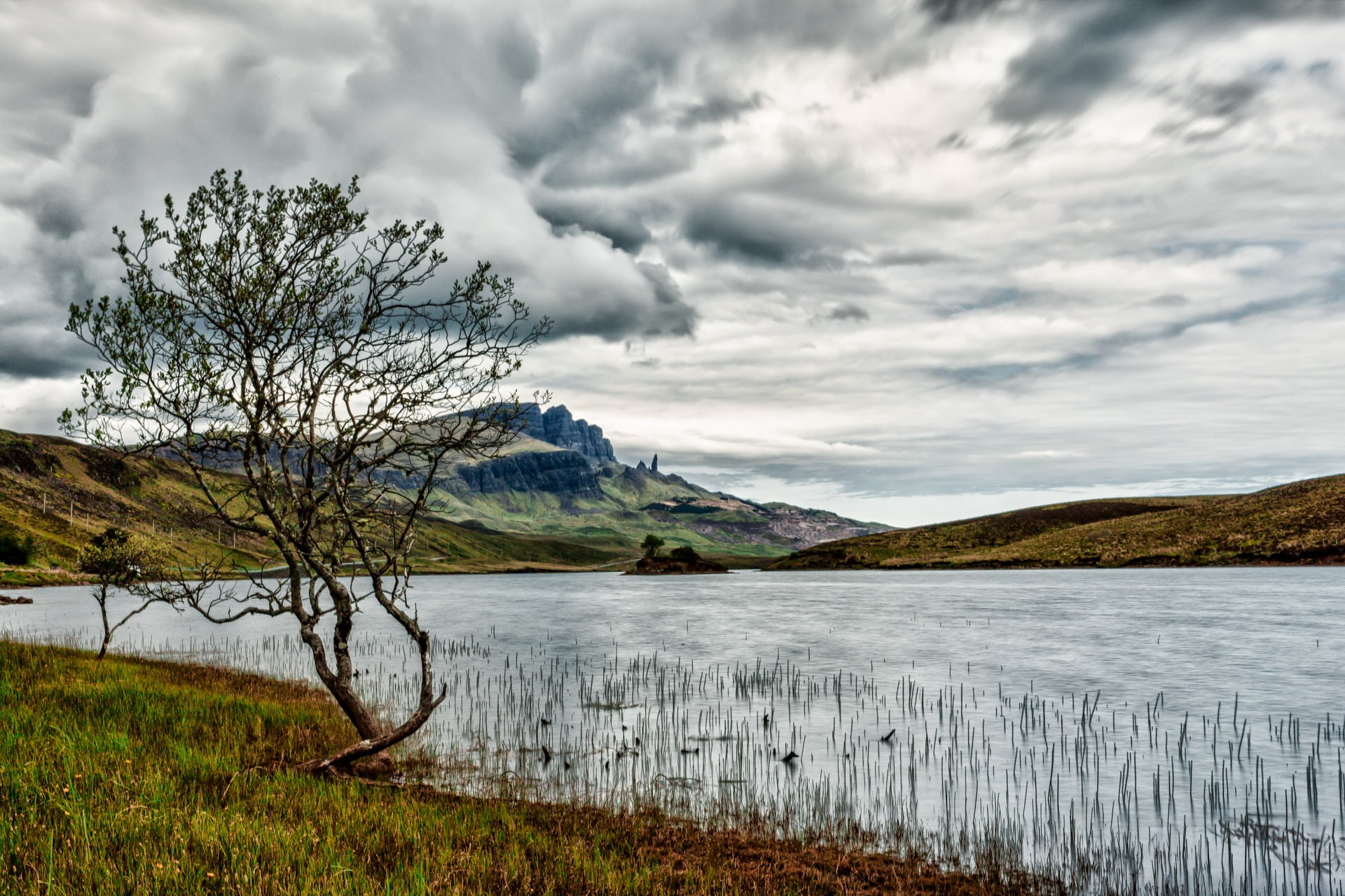 sky, 1080P, silent, green, scenics - nature, tranquility, grasses, lake, scotland, day, no people, reed, old man of storr, beautiful, still, clouds, field, HD Wallpaper