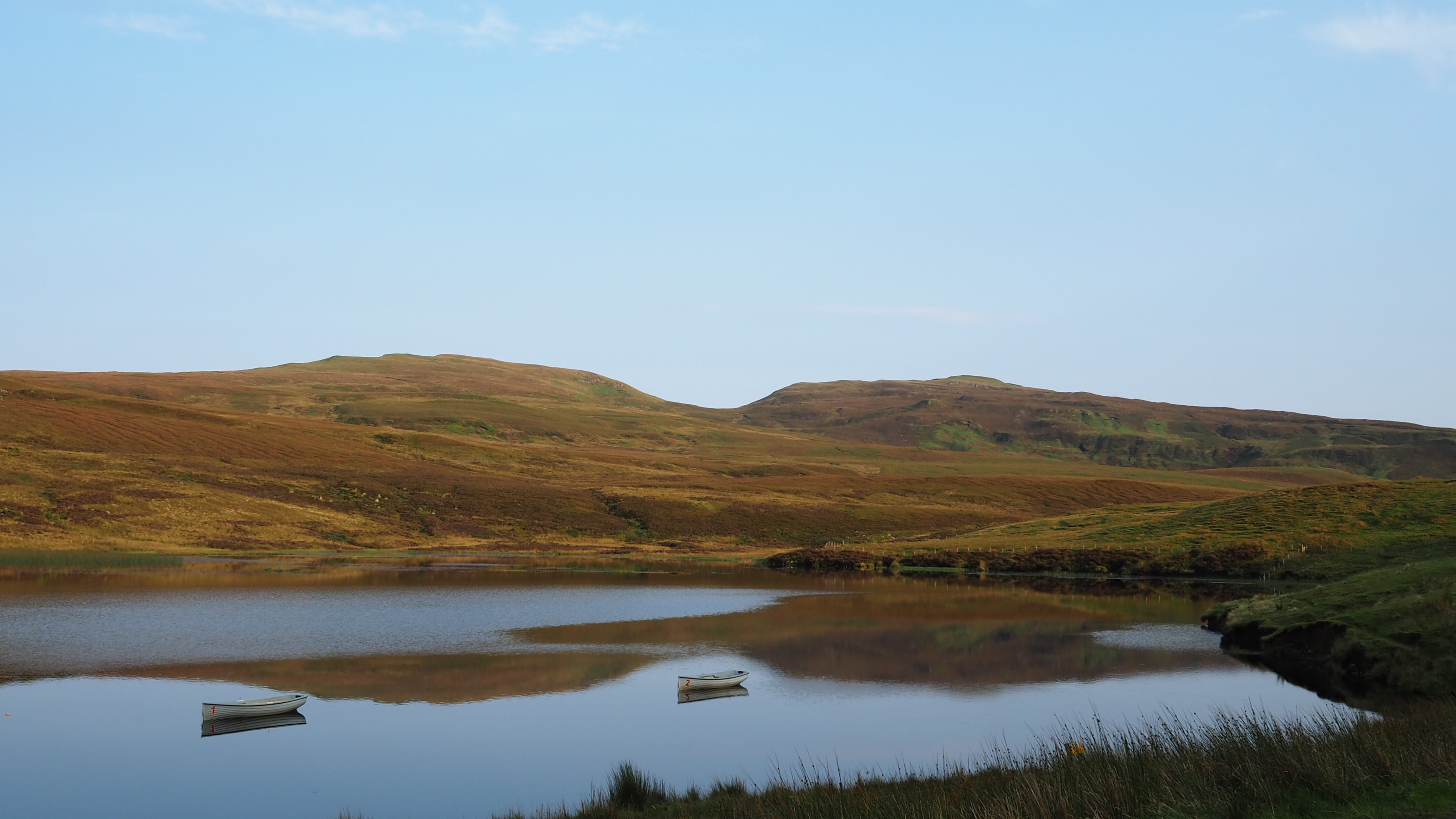 calm, boat, field, no people, land, scotland, idyllic, non-urban scene, nature, mountain range, 5K, water, tranquility, countryside, united kingdom, landscape, HD Wallpaper