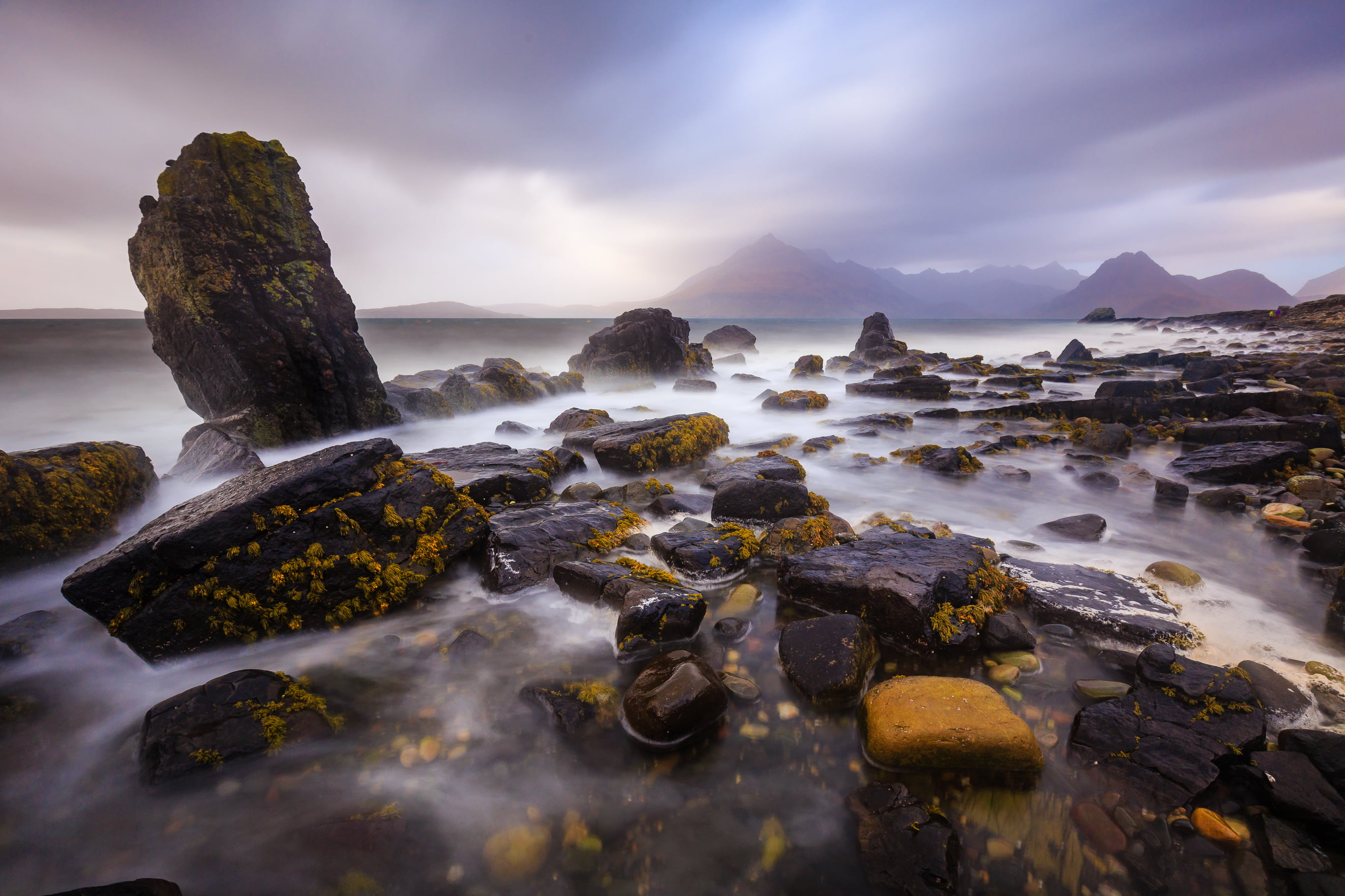 shoreline, Scotland, 35mm, blur, black stone, rocks, long  exposure, 4L, Canon 6D, nature, cloudy, adventure, sunrise - Dawn, GB, United Kingdom, water, HD Wallpaper