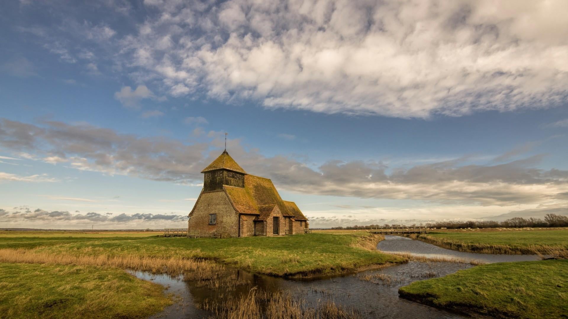 plain, marsh, europe, plant, water, kent, st thomas a becket church, cloud, cloud - sky, sky, 1080P, building, church, architecture, religion, built structure, HD Wallpaper