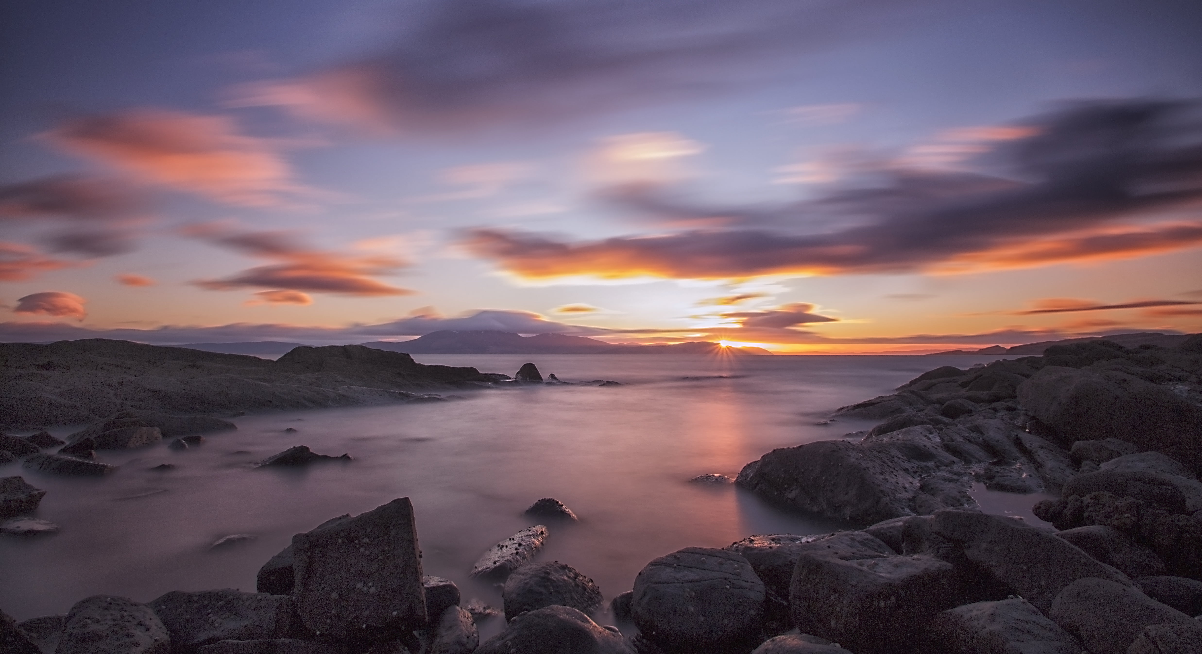 outdoors, dusk, sea, long exposure, mountain, Isle of Arran, gray, travel, scenics, Sleeping Warrior, sky, rock - Object, 4K, lot, beauty In Nature, sunrise - Dawn, HD Wallpaper