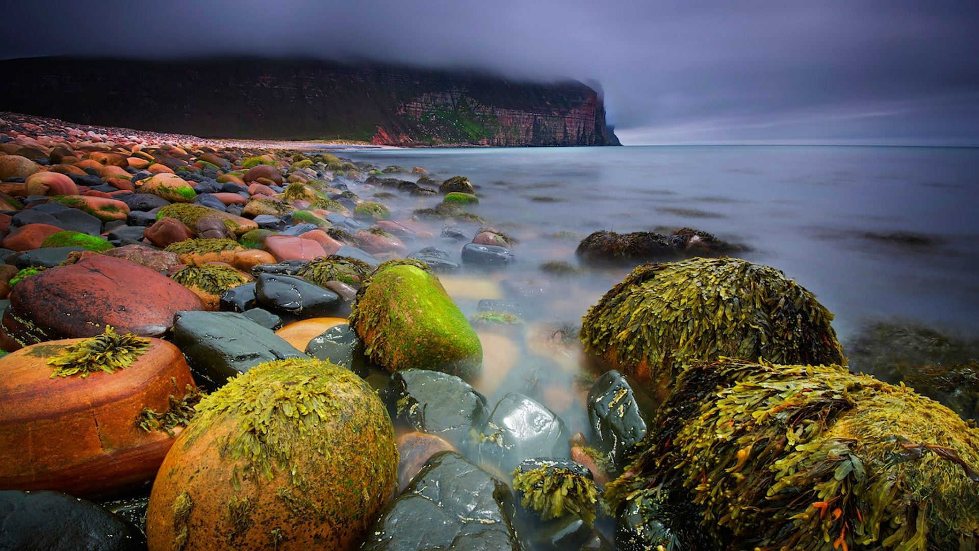travel destinations, rock - object, long exposure, green, flowing water, seashore, water, cliff, rock, landscape, Scotland, scenics - nature, sea, beauty in nature, HD Wallpaper