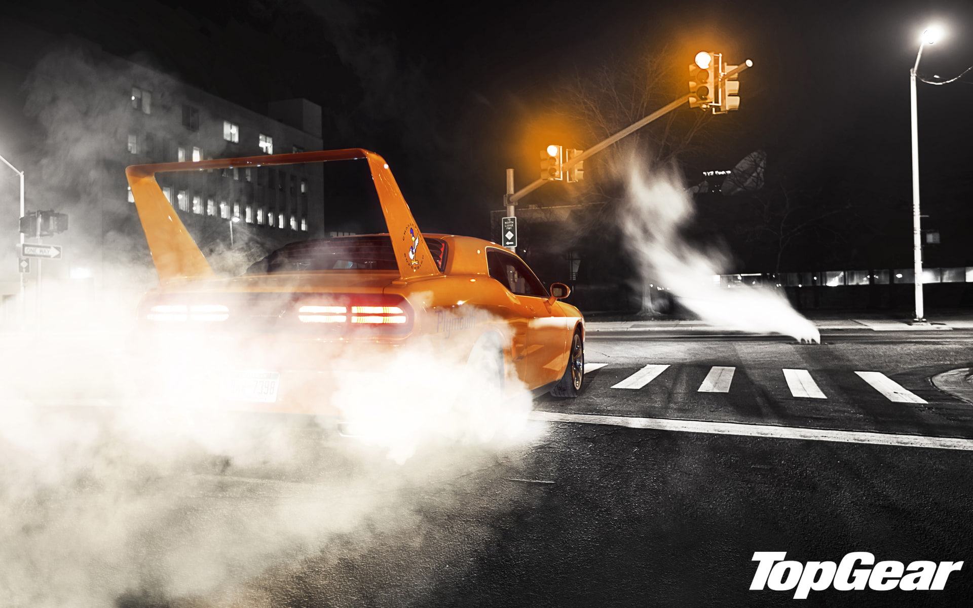 traffic light, application, tuning, Muscle car, night, game, topgear, Challenger, orange, HPP, Top Gear, Dodge, smoke, spoiler, Superbird, wing, rear view, HD Wallpaper