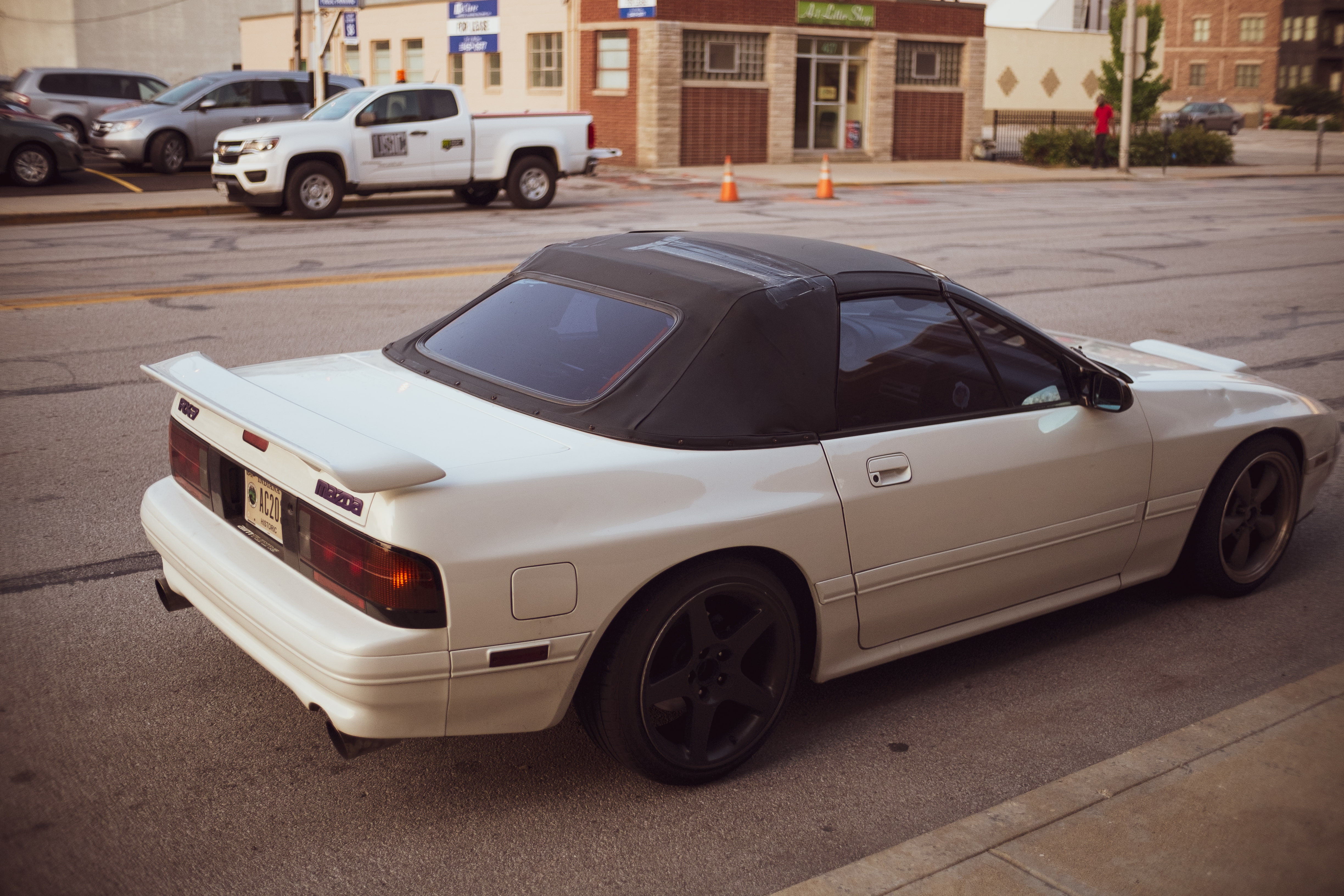 motor vehicle, rx7, stationary, day, transportation, 4K, car, outdoors, built structure, Rx-7, luxury, high angle view, architecture, focus on foreground, HD Wallpaper