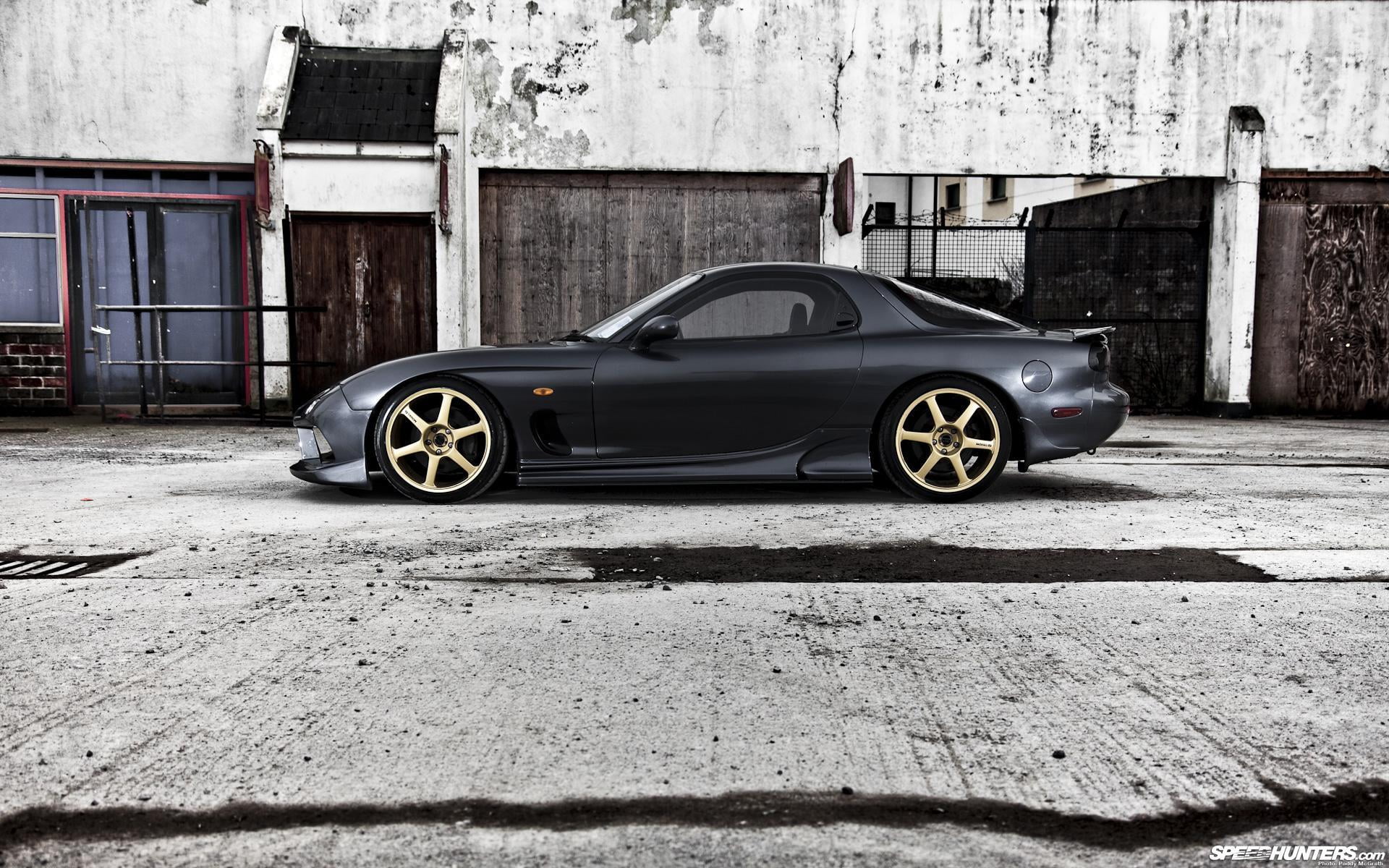 rx7, mode of transportation, damaged, architecture, vintage Car, land Vehicle, car, building exterior, coupe, built structure, technology, dirty, 1080P, HD Wallpaper
