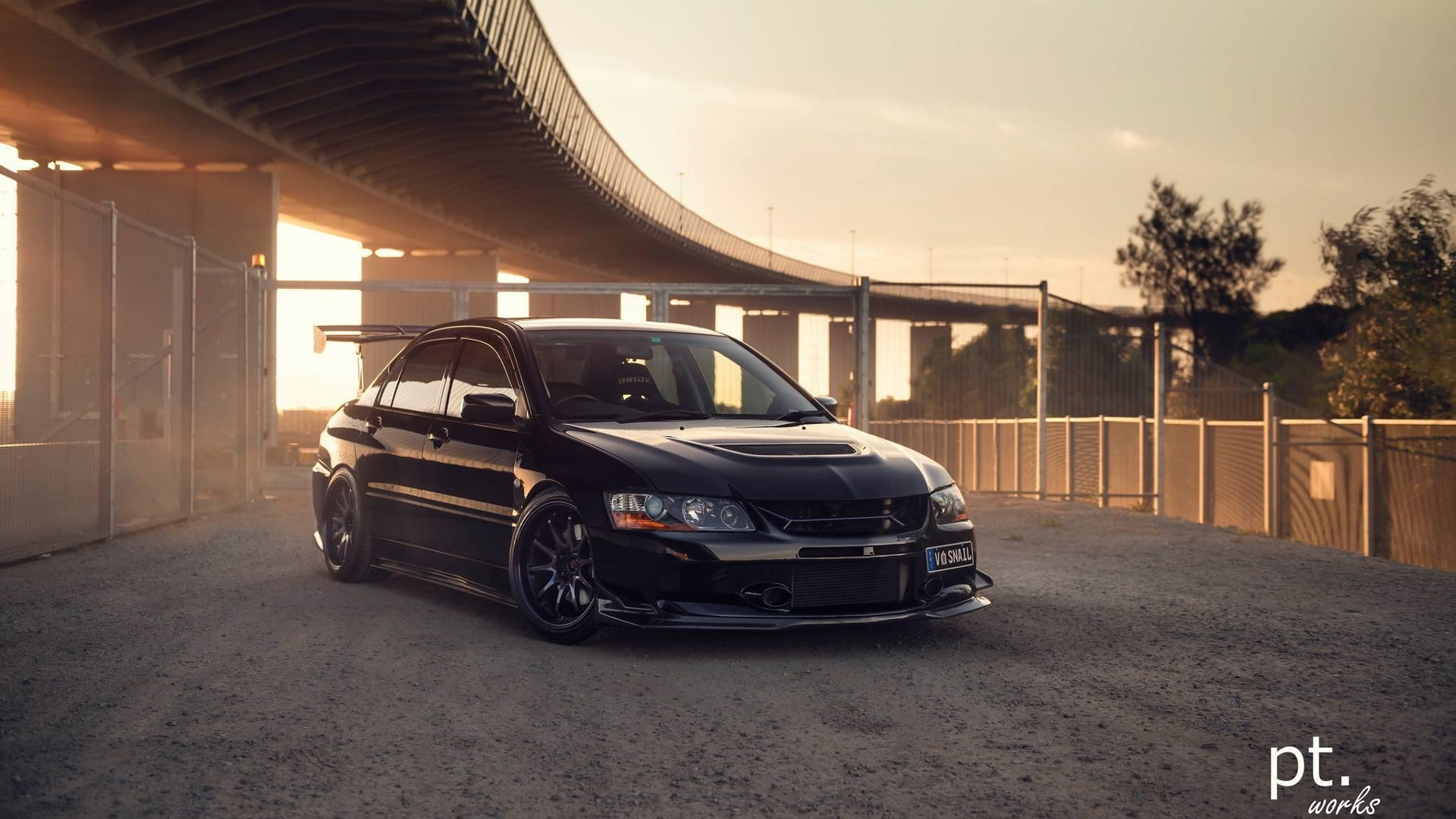 black cars, Mitsubishi Lancer Evolution, Mitsubishi, Japanese cars, JDM, 1080P, sports car, dirt, sunset, HD Wallpaper