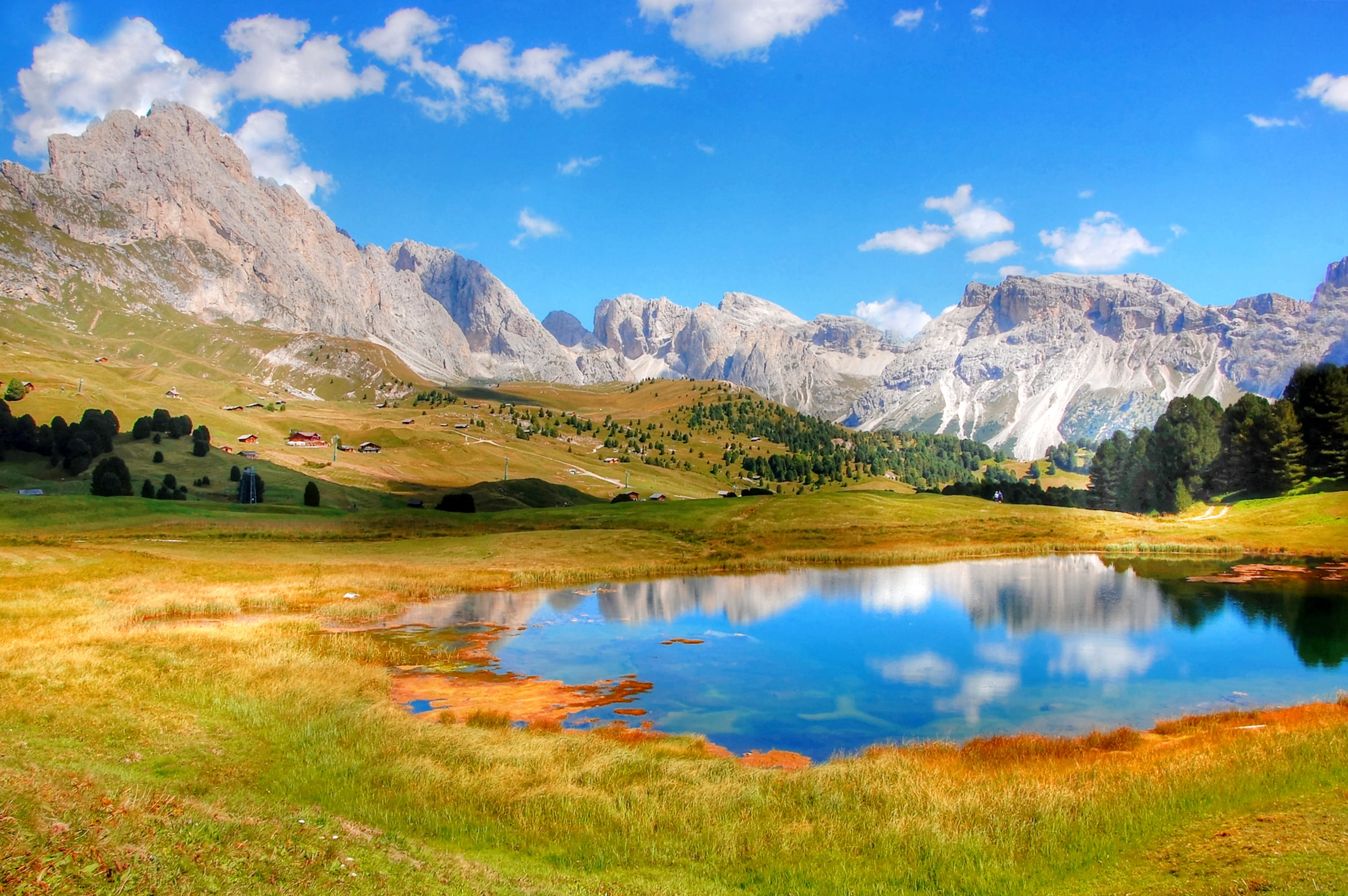 2K, mountain peak, lake, col raiser, snowcapped mountain, reflection, sunlight, environment, dolomites, tranquility, hike, panorama, outdoors, summer, HD Wallpaper