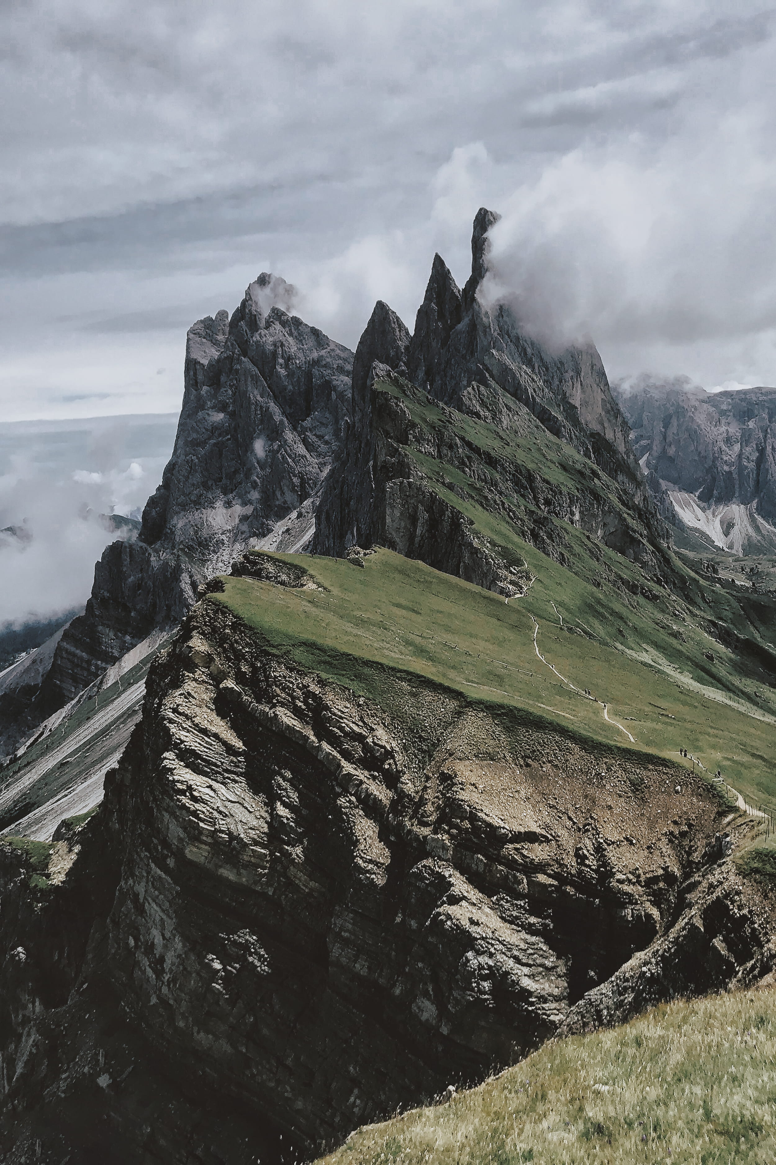 rock, no People, mountain, field, cloud, scenics, peak, green Color, overcast, nature, green, track, snow, cliffside, switzerland, cliff, path, tourism, Phone HD Wallpaper