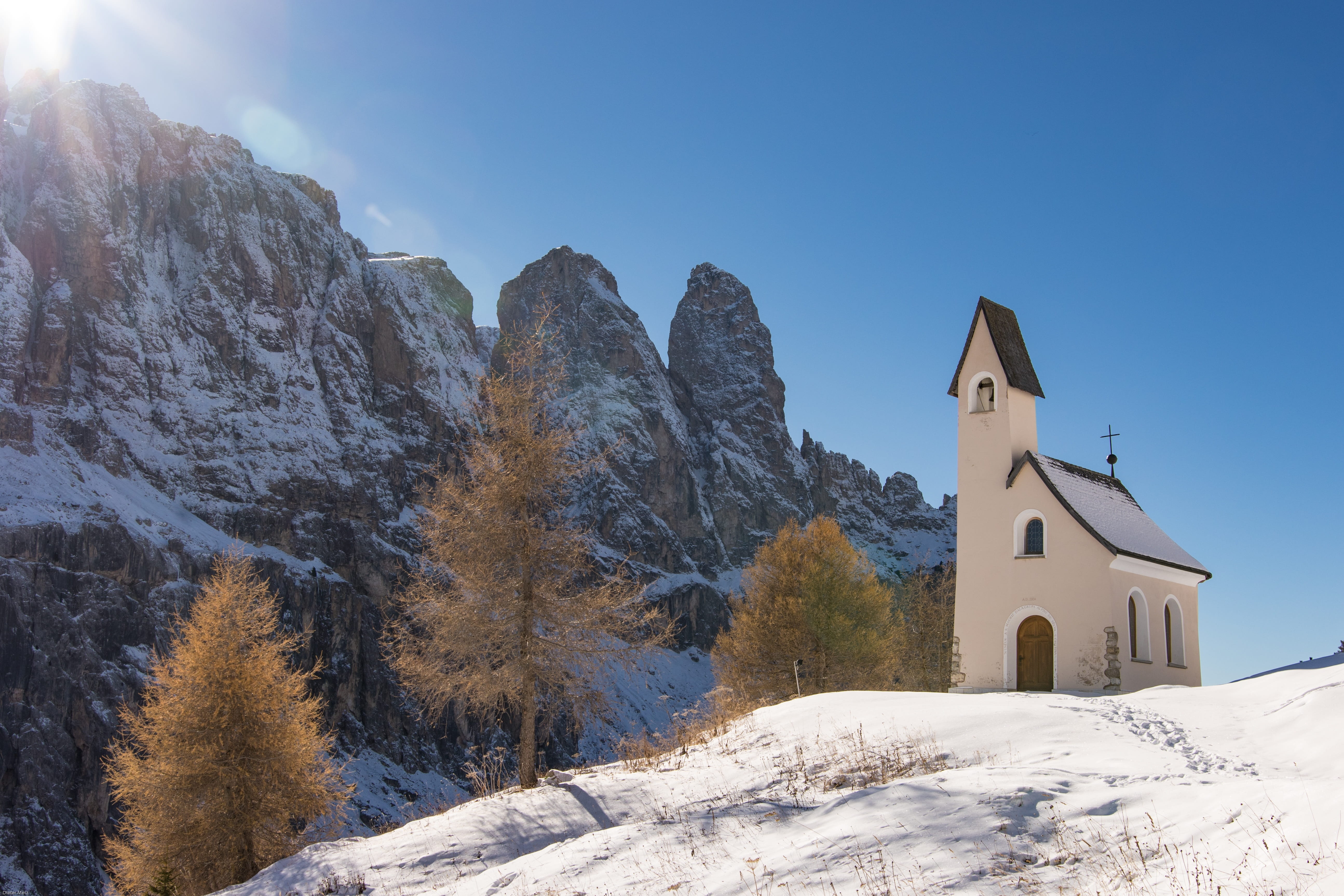 val gardena yoke, building exterior, beauty in nature, building, belief, italy, sky, architecture, cold temperature, snow, 5K, nature, sunlight, Dolomites, HD Wallpaper