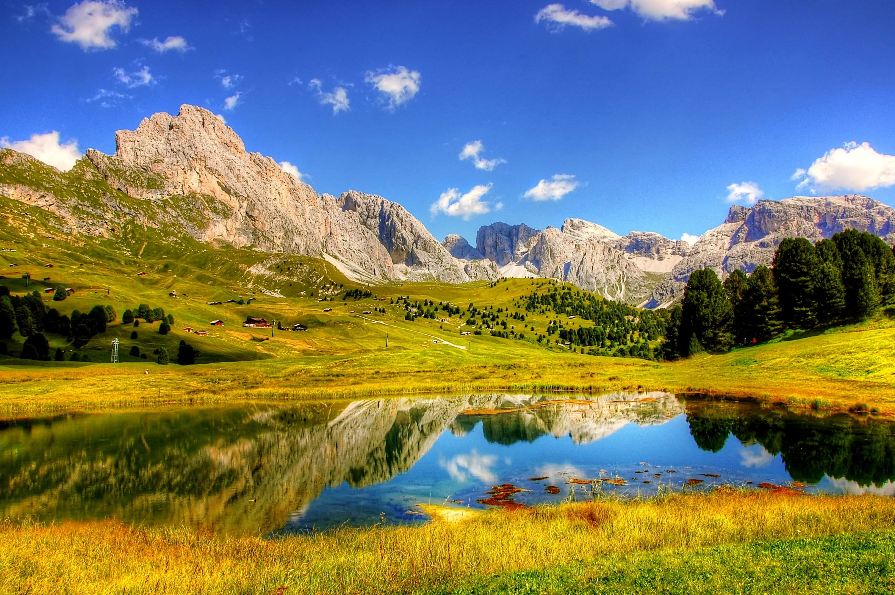 field, idyllic, 2K, sky, autumn, alpine panorama, mountain range, val gardena, scenics - nature, outdoors, body, mountain, grey, panorama, geisler range, HD Wallpaper