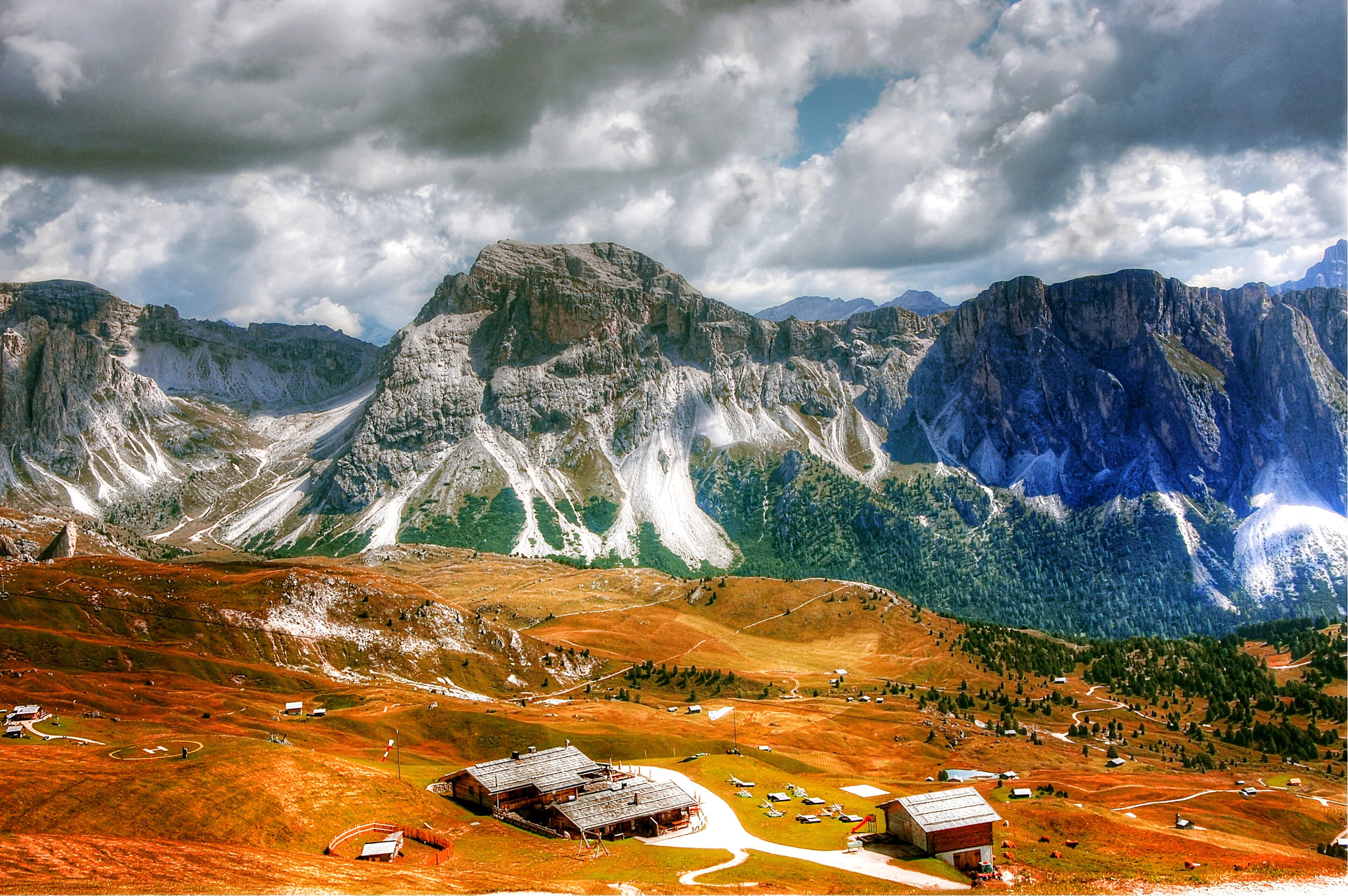 great, transportation, mountain range, cloud - sky, landscape, car, outdoors, clouds, alpine, valley, unesco world heritage, Nature, hut, south tyrol, mode of transportation, HD Wallpaper