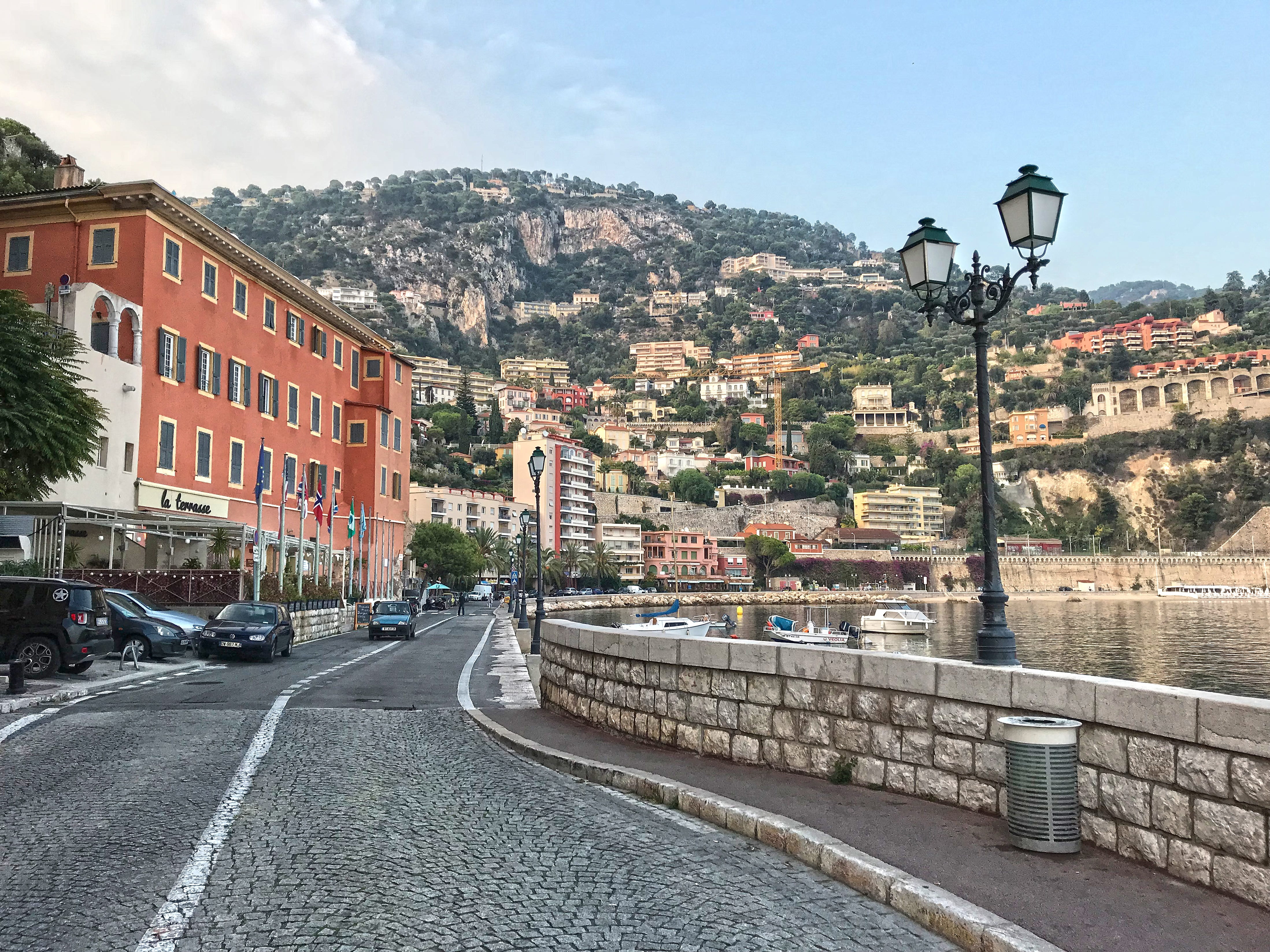 french riviera, residential district, colorful, holiday, saint tropez, street, row house, road, fishing boat, sunshine, sun, building, france, mountain, HD Wallpaper