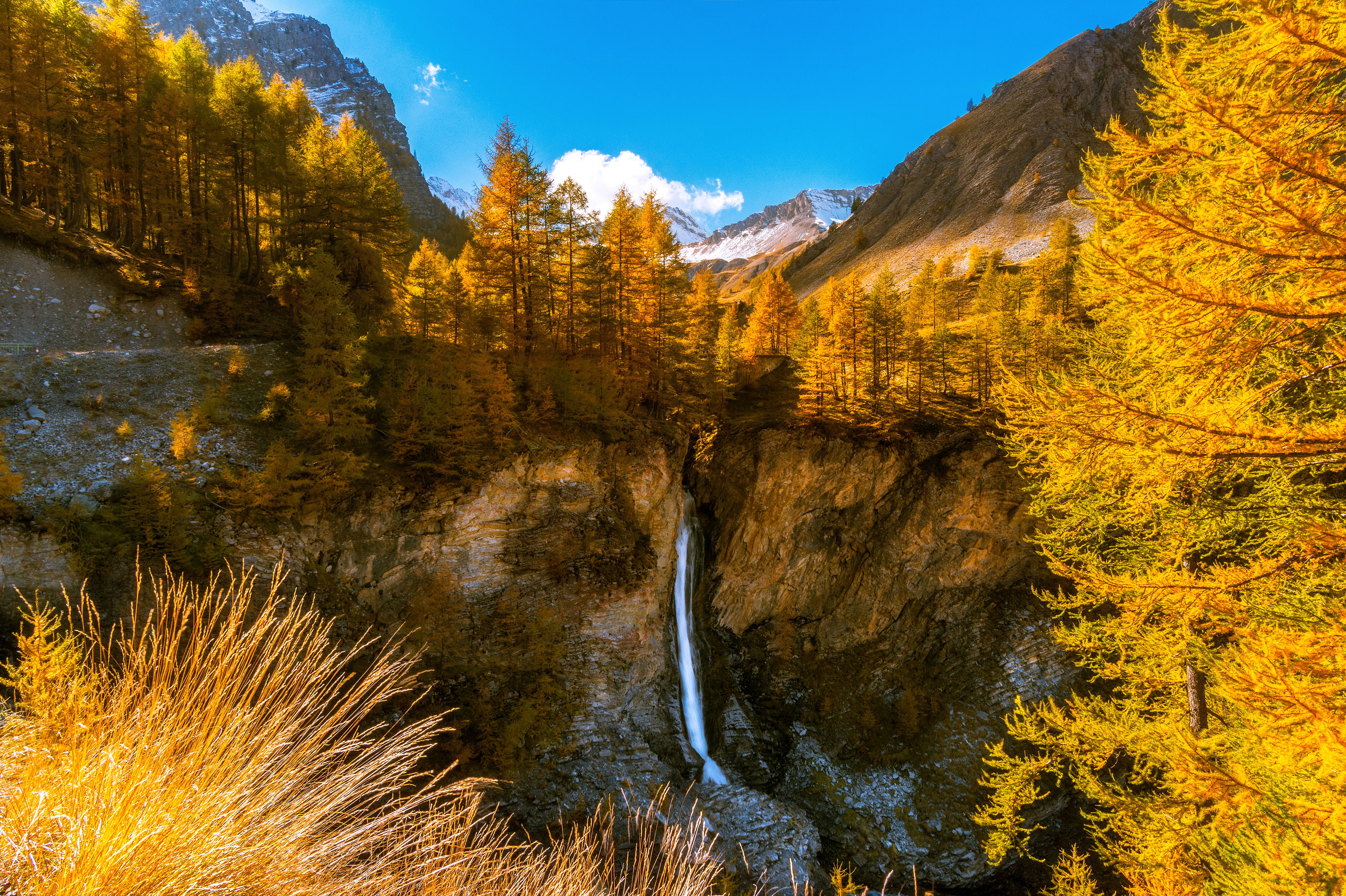 4K, Waterfall, Mountains, French Alps, 4K, HD Wallpaper