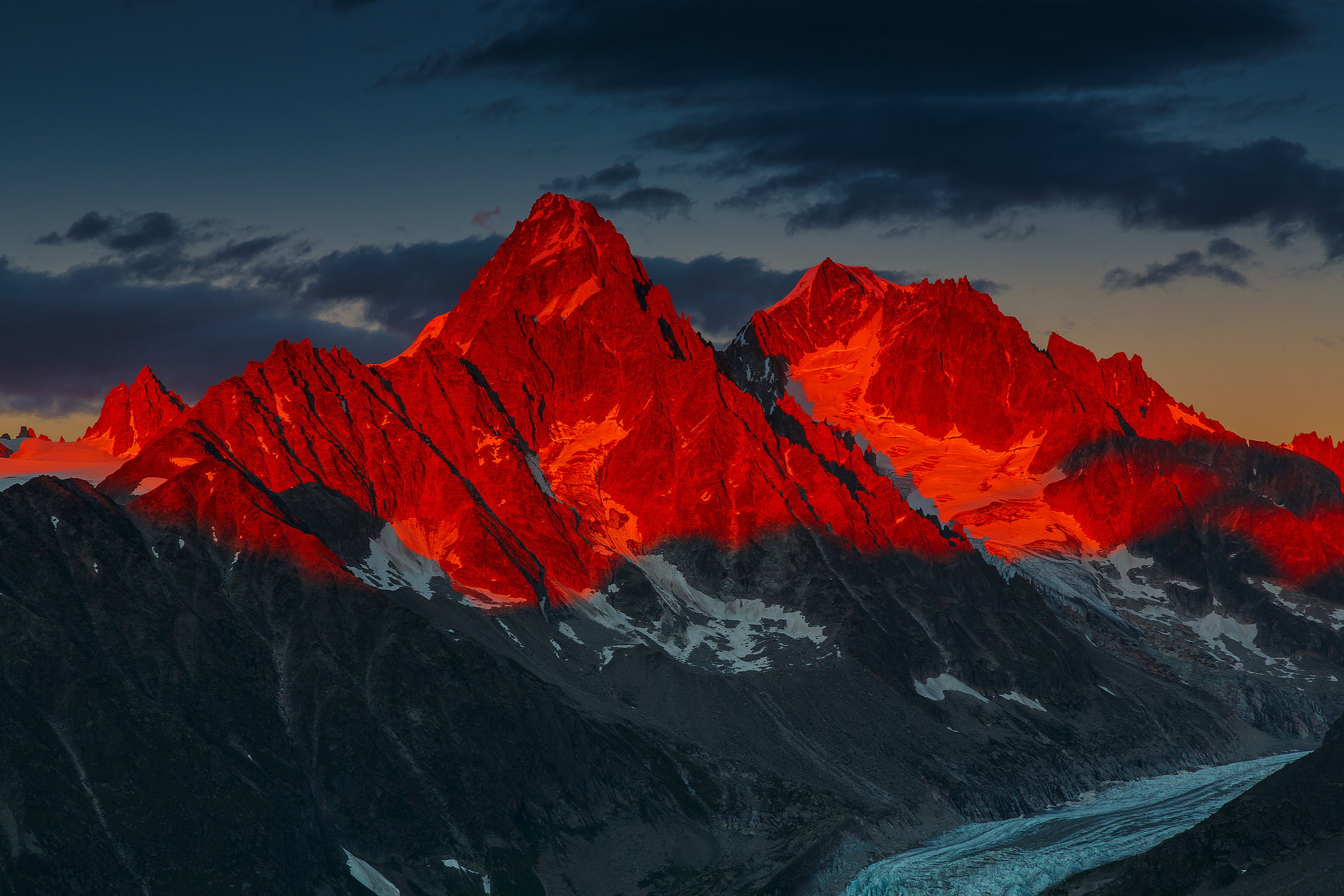 scenics - nature, rock, geology, tranquil scene, sky, snowcapped mountain, formation, rock formation, remote, environment, Alpenglow Over the Glacier dArgentiere, HD Wallpaper
