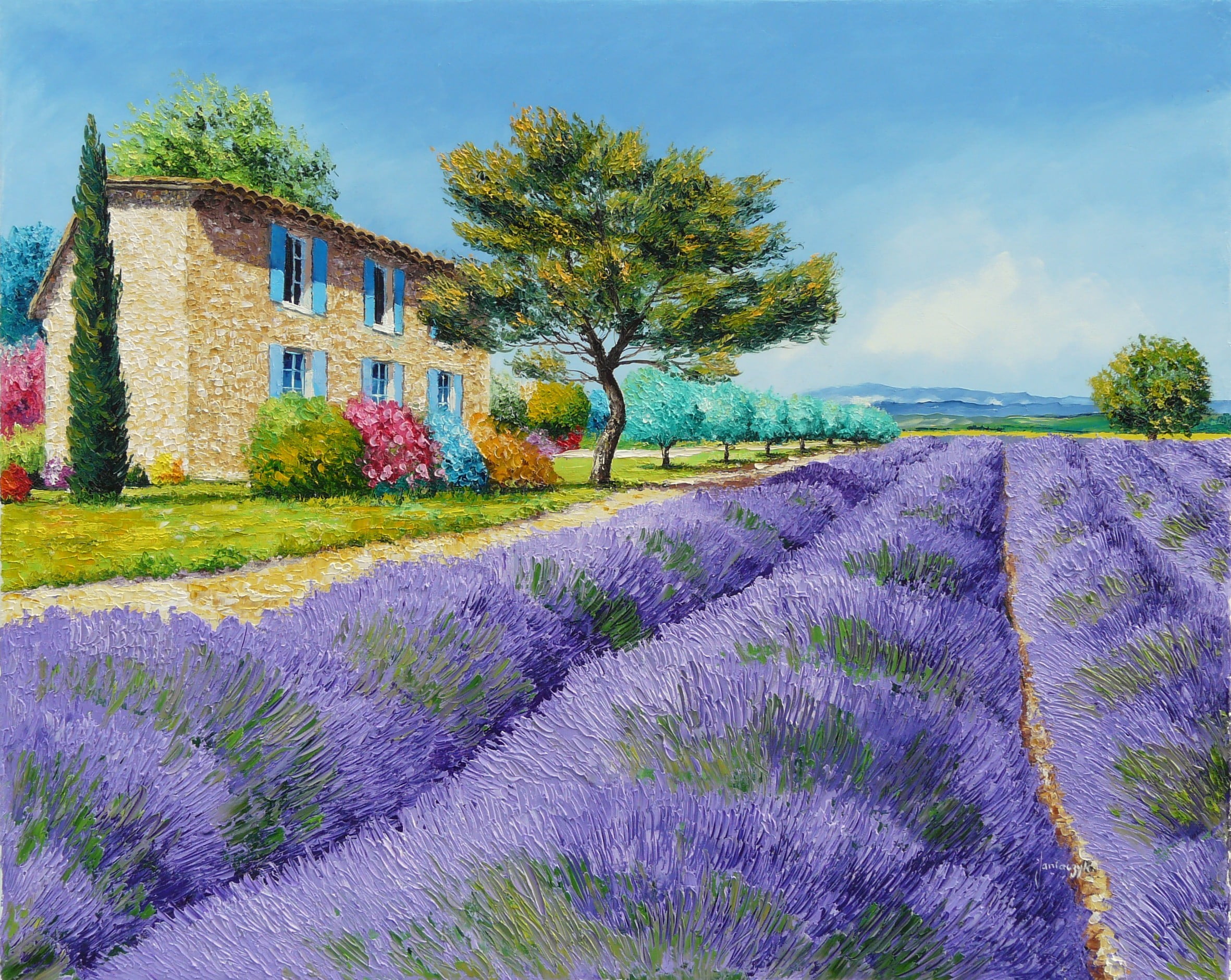 house, scenics, italy, flower, field, beauty In Nature, picture, sky, Jean-Marc Janiaczyk, flowerbed, blossom, hill, provence-Alpes-Cote dAzur, painting, HD Wallpaper