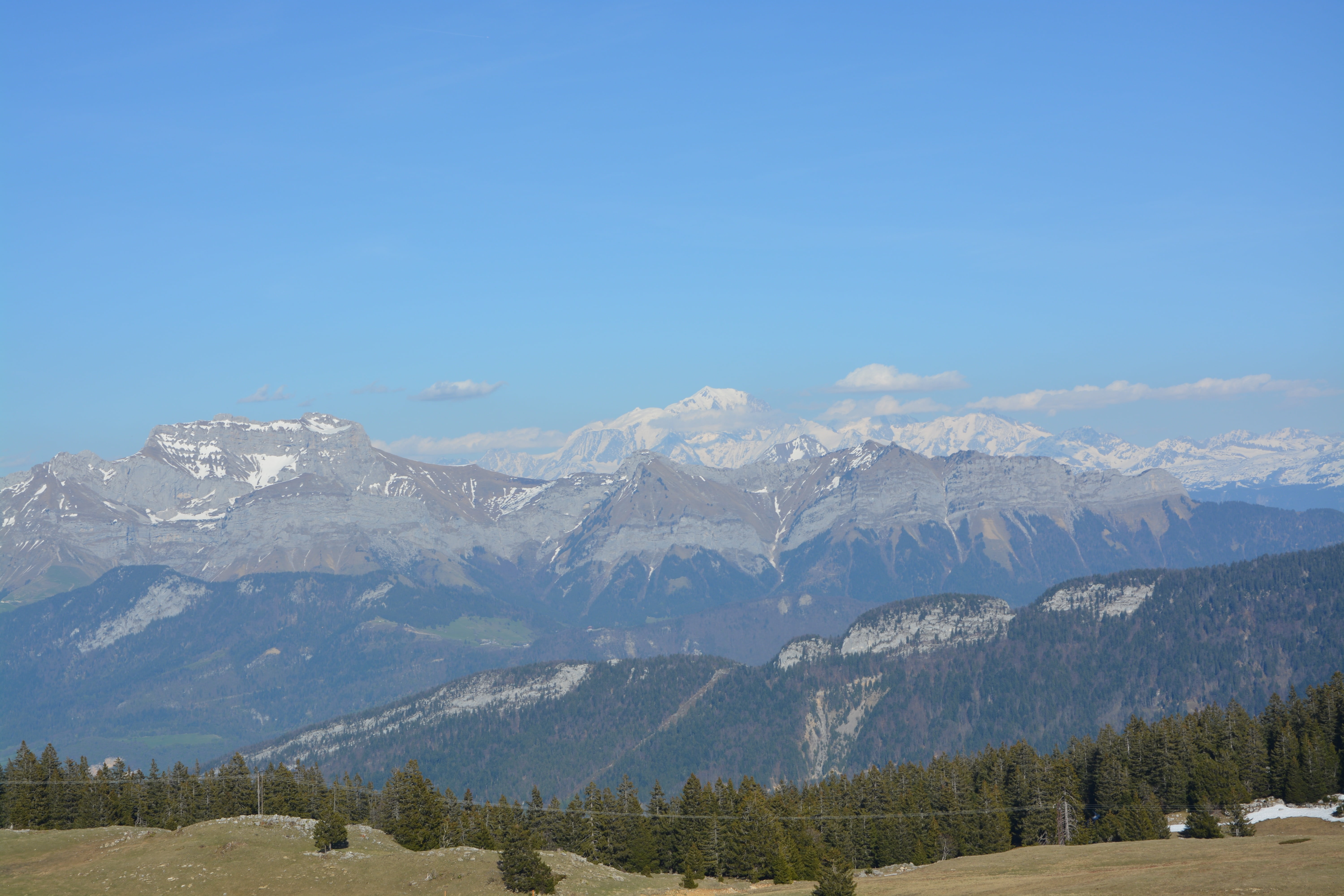 scenics - nature, snow, tree, mountain, clear sky, chain of the alps, 5K, landscape spring, hiking, environment, coniferous tree, nature, mont blanc, travel destinations, HD Wallpaper