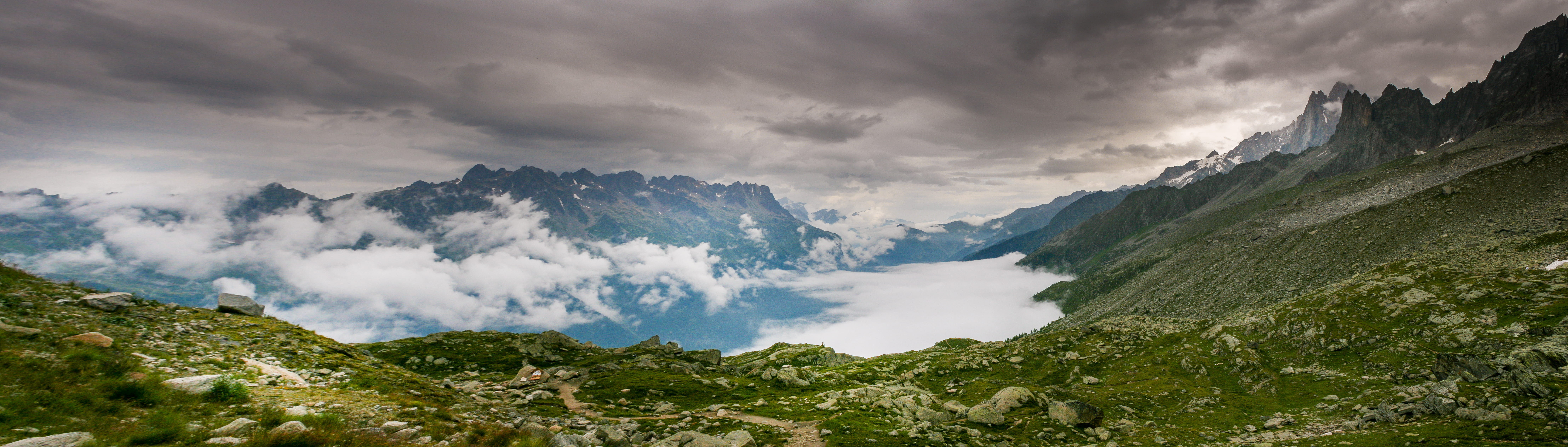 france, cloud - sky, panoramic, mountain, storm, mountain range, mont blanc massif, sky, clouds, rain, nature, dramatic sky, valley, panorama, ominous, HD Wallpaper