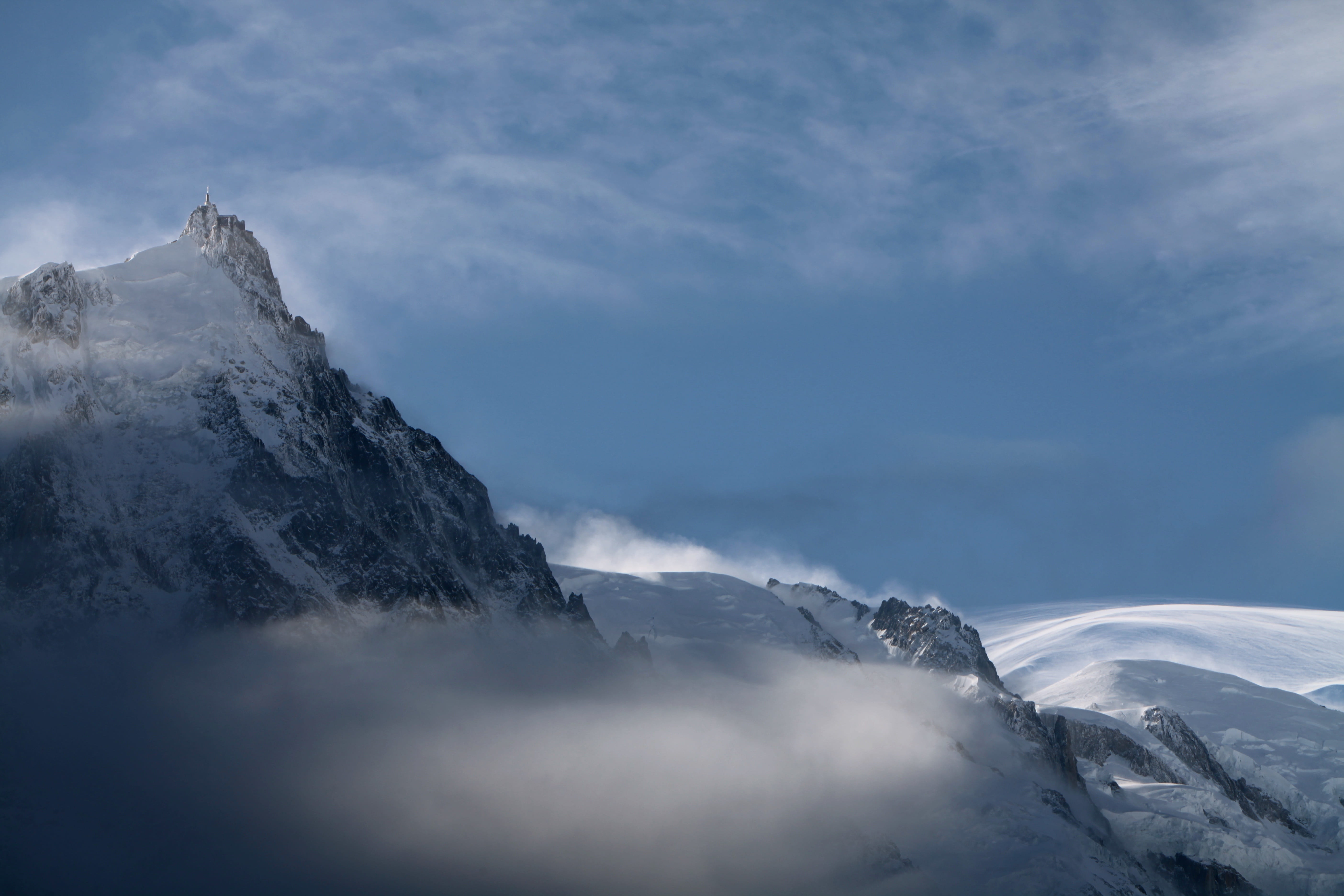 mountain peak, snow, aiguille du midi, beauty in nature, sky, landscape, no people, environment, scenics - nature, fog, cloud - sky, nature, tranquil scene, HD Wallpaper