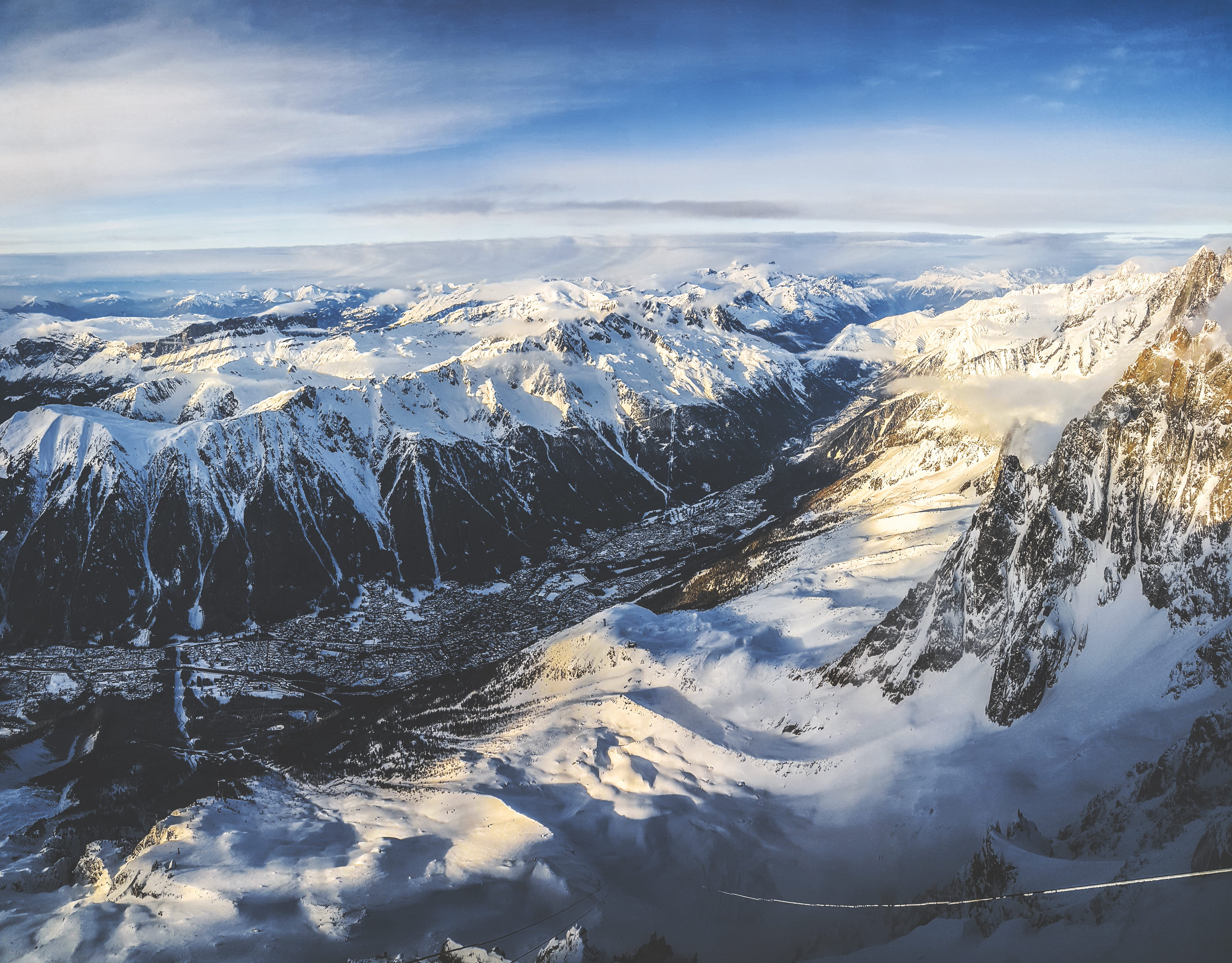sunset, day, cold, snow, alp, beauty in nature, white color, mountain peak, summit, scenics - nature, snowy, no people, landscape, city, chamonix, switzerland, HD Wallpaper