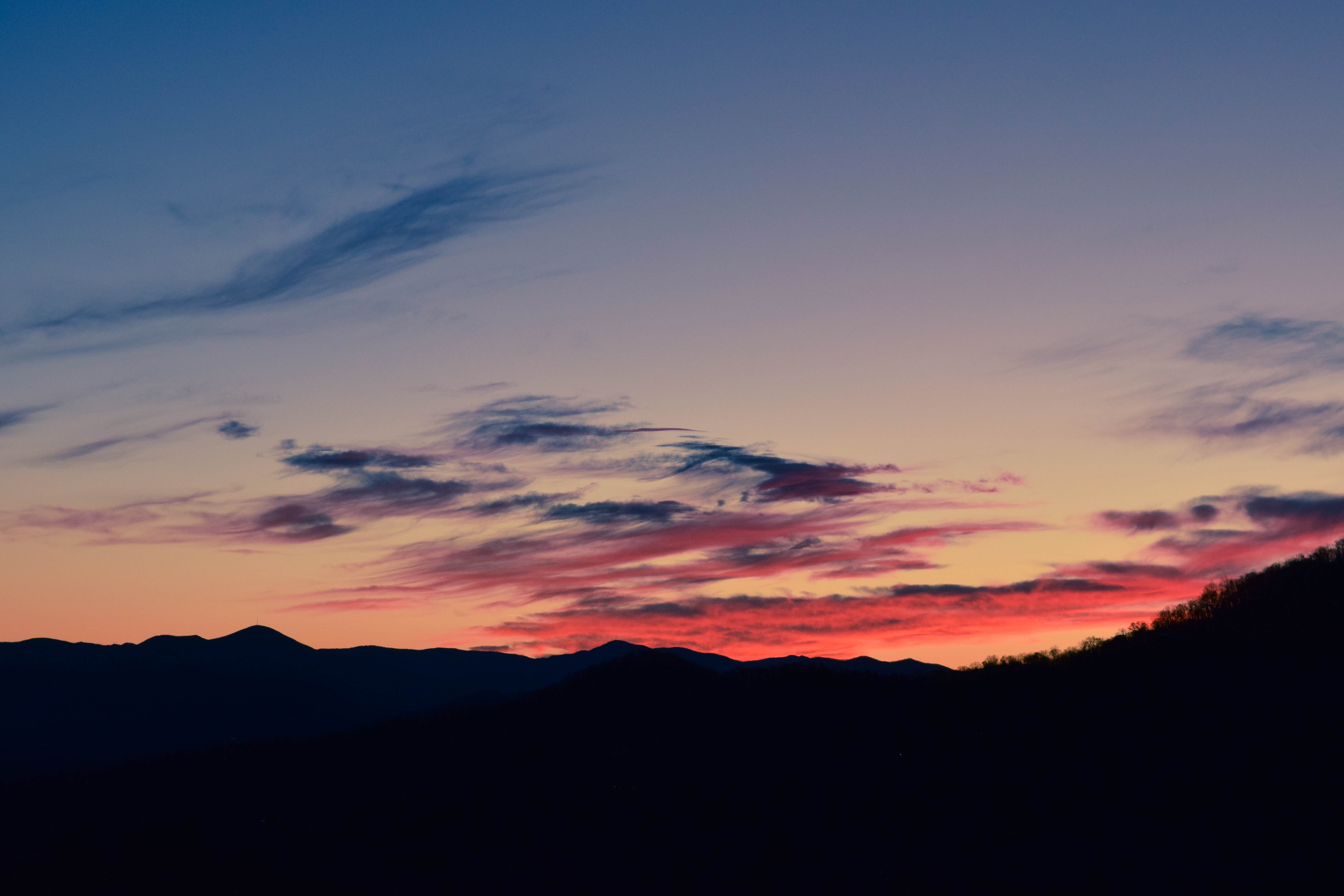 no people, orange color, cloud - sky, 5K, mountain range, outdoors, landscape, dark, scenics - nature, sky, sunlight, tree, blue ridge parkway, plant, HD Wallpaper