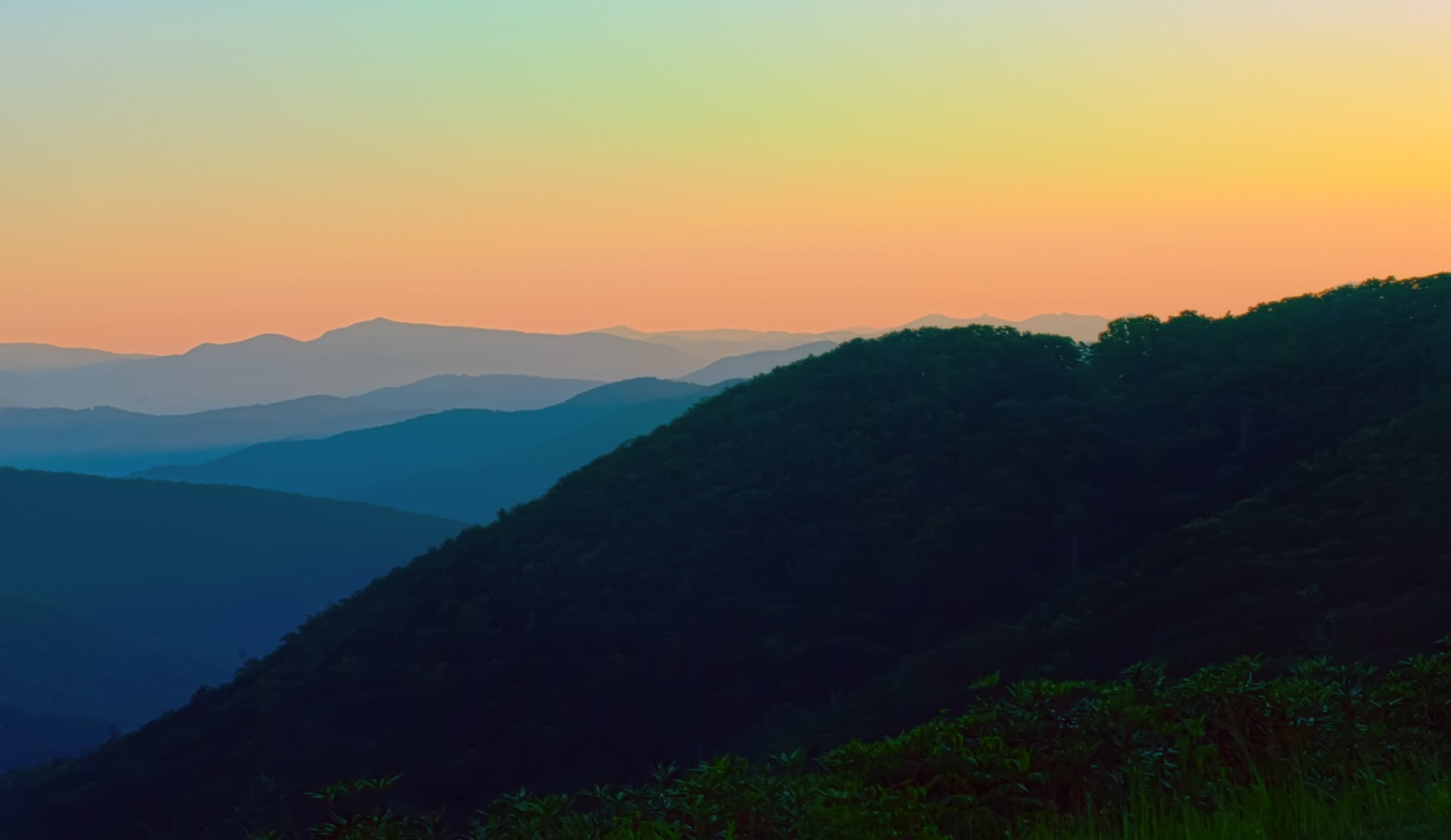 distance, hour, non-urban scene, no people, silhouette, blue ridge parkway, tranquility, gsmnp, great smoky mountains, breathtaking, evening, blue hour, HD Wallpaper