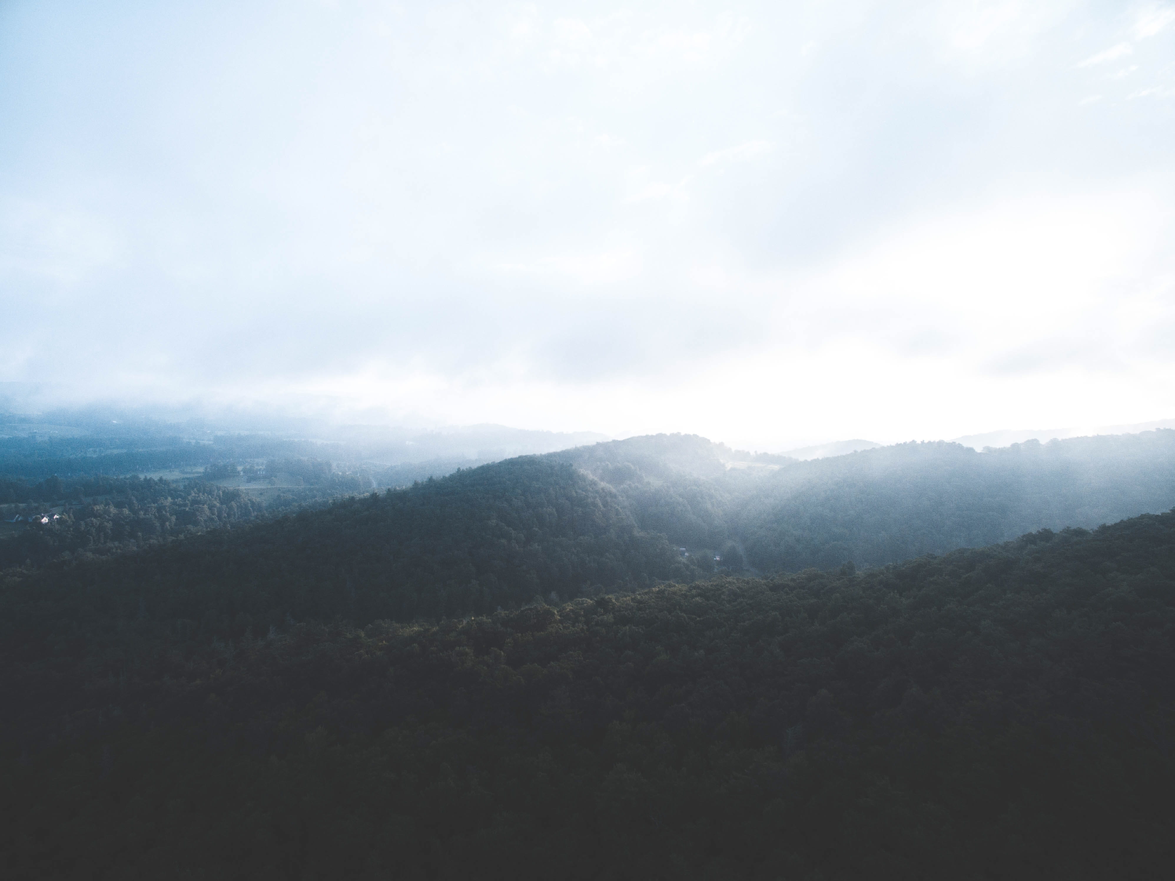 sunlight, mountain, beauty in nature, land, blue ridge mountains, environment, nature, 4K, outdoors, fog, drone, tranquil scene, trees, landscape, scenics - nature, HD Wallpaper