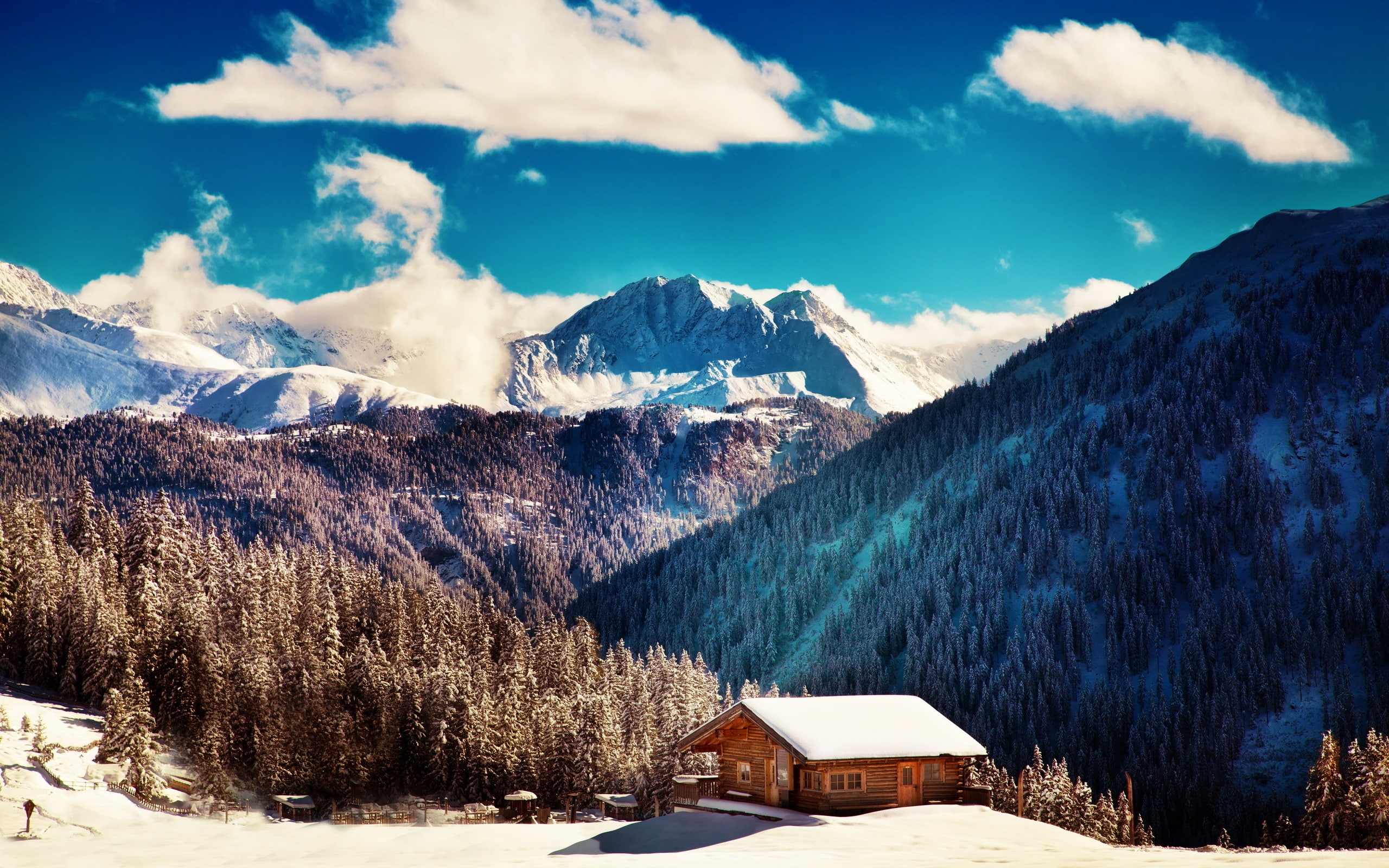 smoky, forest, landscape, mountains, cabin, 2K, HD Wallpaper