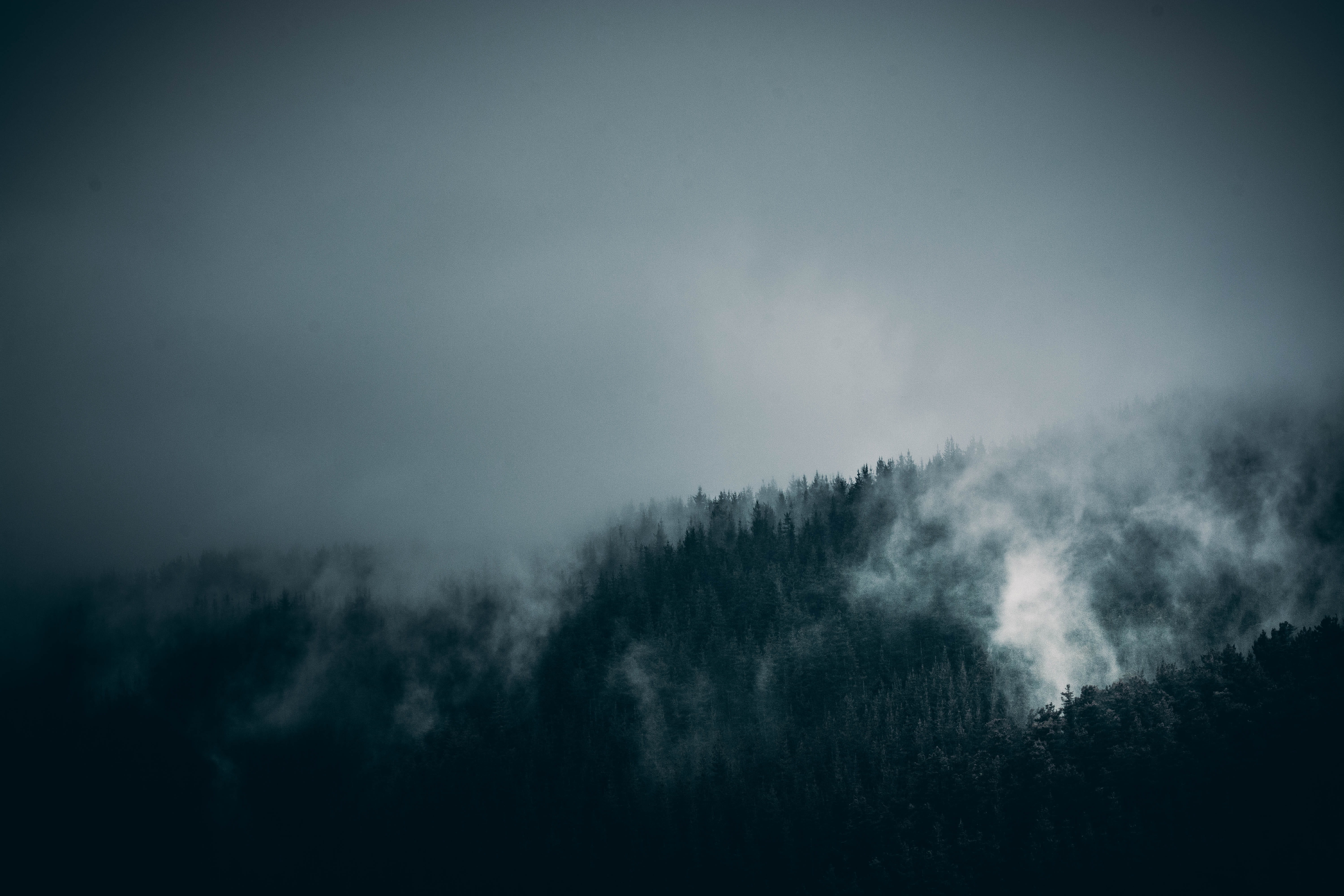 haze mountain, blue, day, smoke, beauty In Nature, spooky, cloud - Sky, mood, forest, storm, fog, sky, meteorology, visual, landscape, beautiful, light - Natural Phenomenon, HD Wallpaper