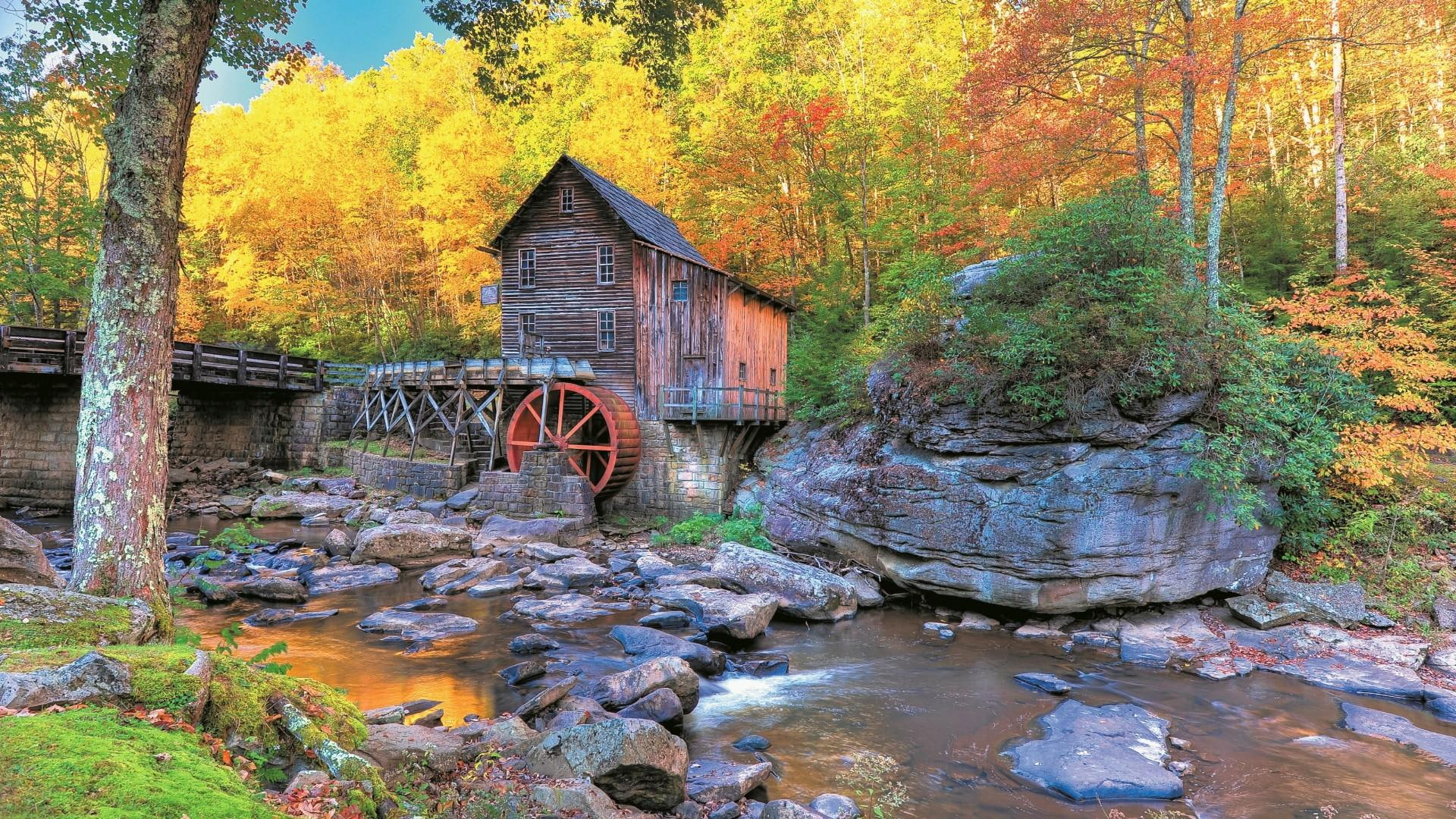 glade creek grist mill, babcock state park, glade, mill, creek, park, 1080P, autumn, united states, grist, forest, virginia, usa, west virginia, HD Wallpaper