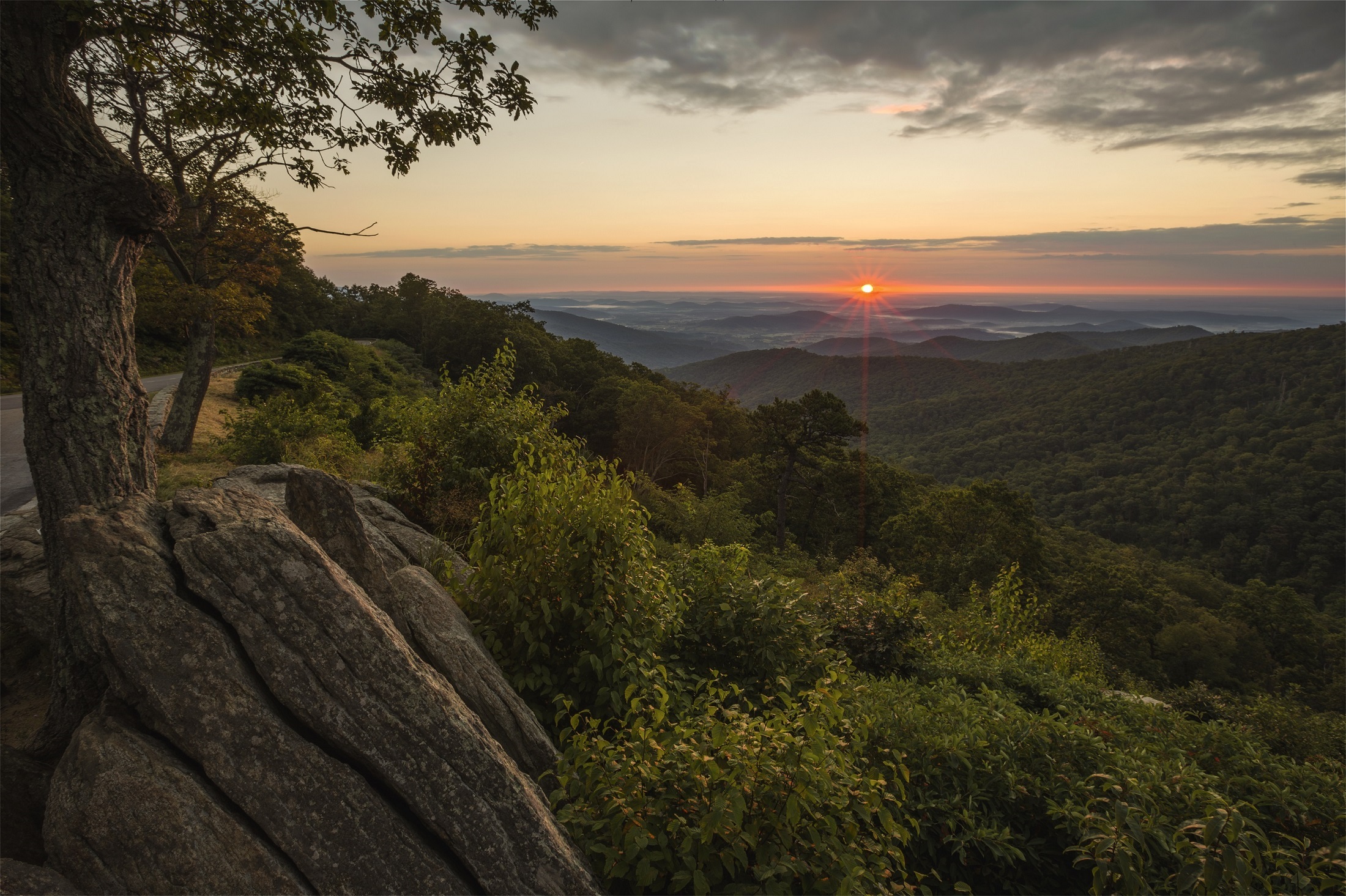 morning, trees, usa, hazel mountain overlook, mountain, landscape, non-urban scene, park, hills, virginia, idyllic, sky, sun, skyline drive, 1080P, clouds, HD Wallpaper