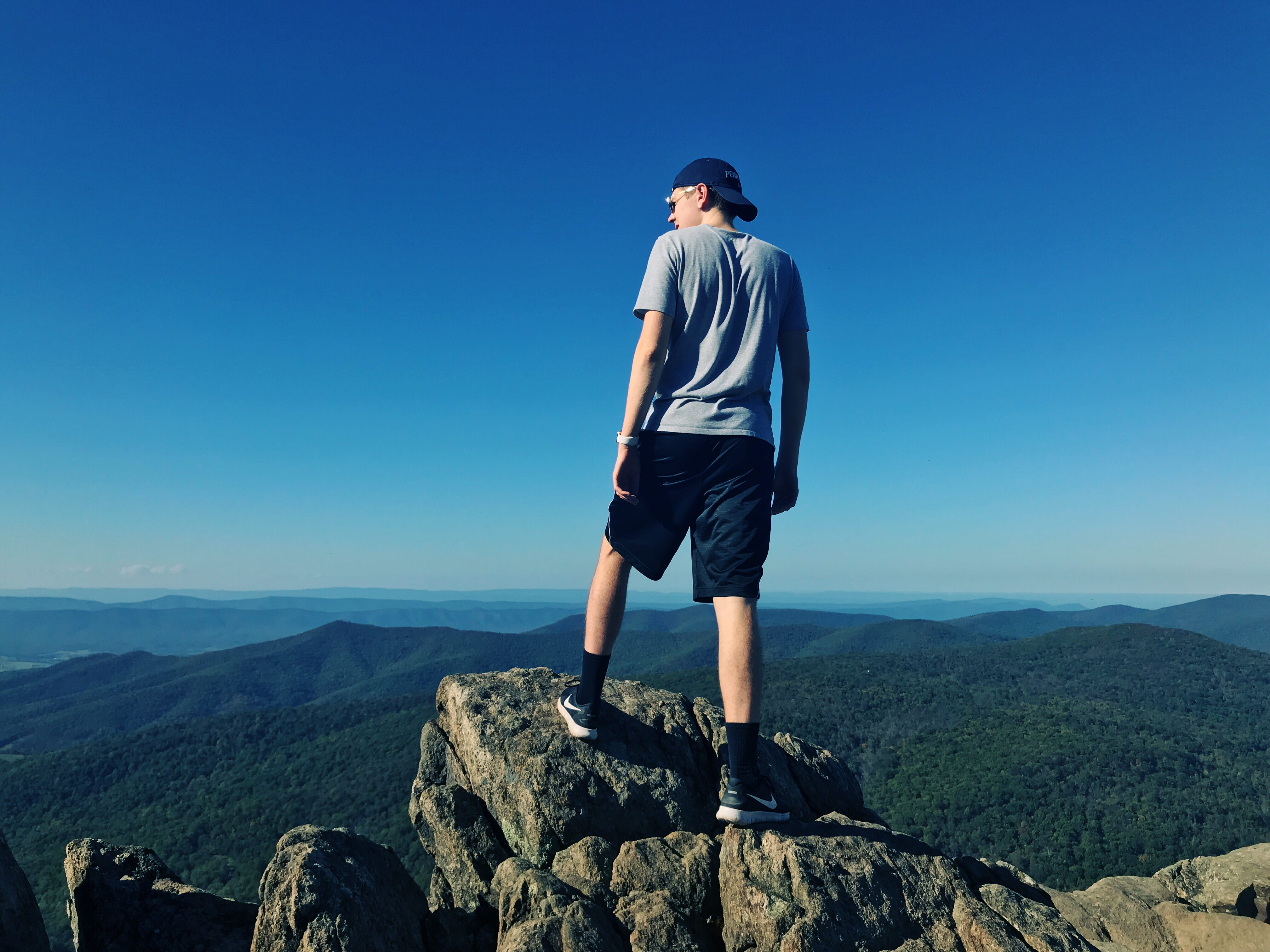trip, leisure activity, real people, shorts, outdoors, mountaintop, full length, rock, lifestyles, male, blue ridge, non-urban scene, tranquility, solid, HD Wallpaper