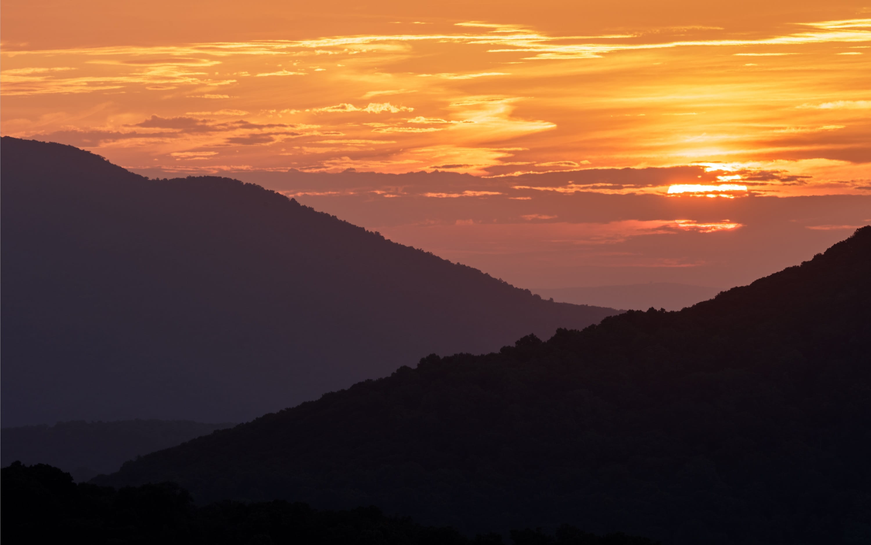 tranquility, sun, range, hills, 2K, cloud - sky, remote, mountains, sky, silhouette, sunrise, colorful, sunset, morning, dawn, mountain, environment, nature, HD Wallpaper