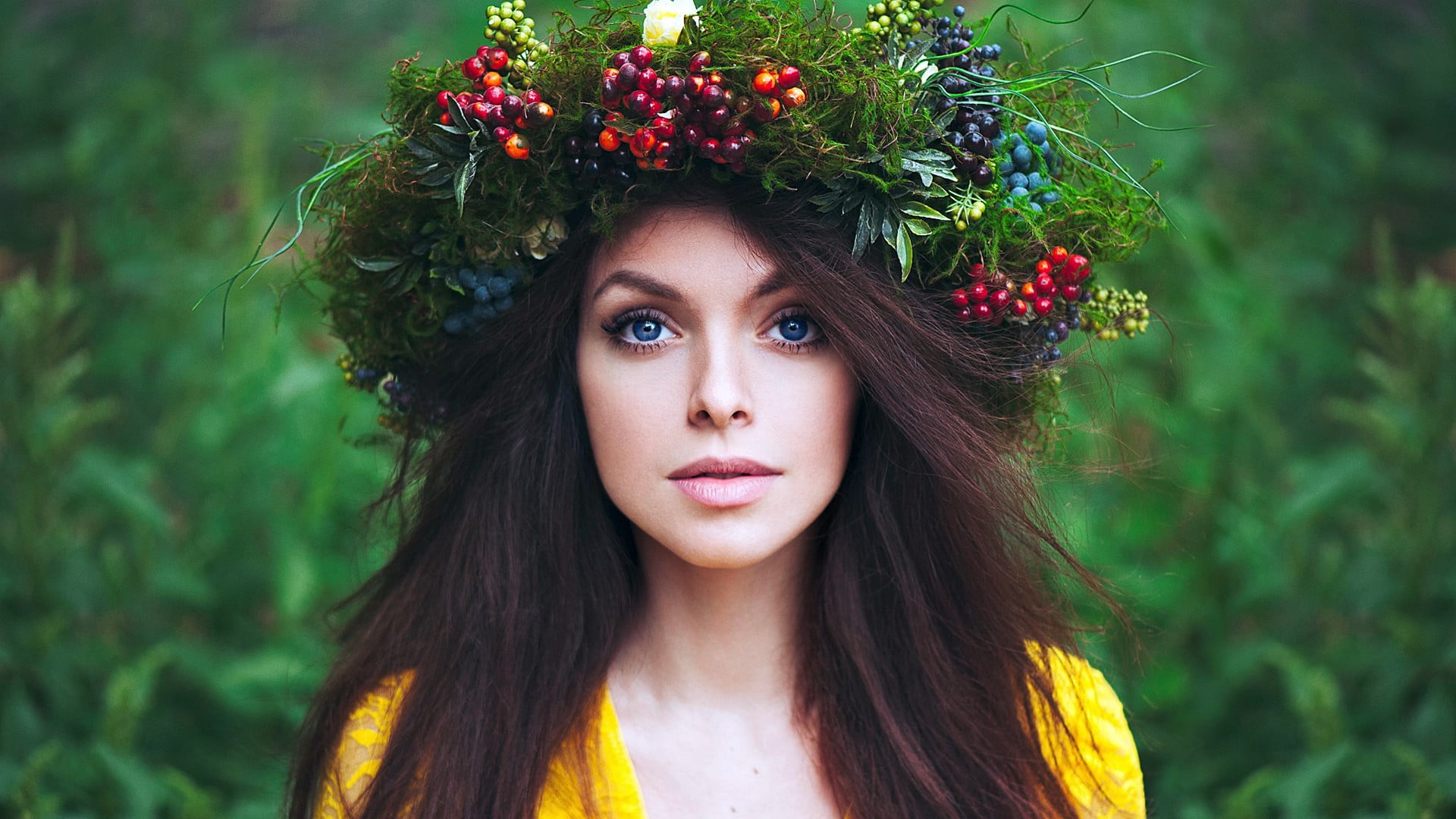 looking at viewer, headshot, yellow clothing, headdress, looking at camera, woman, body part, brunette, face, human face, portrait, front view, outdoors, HD Wallpaper