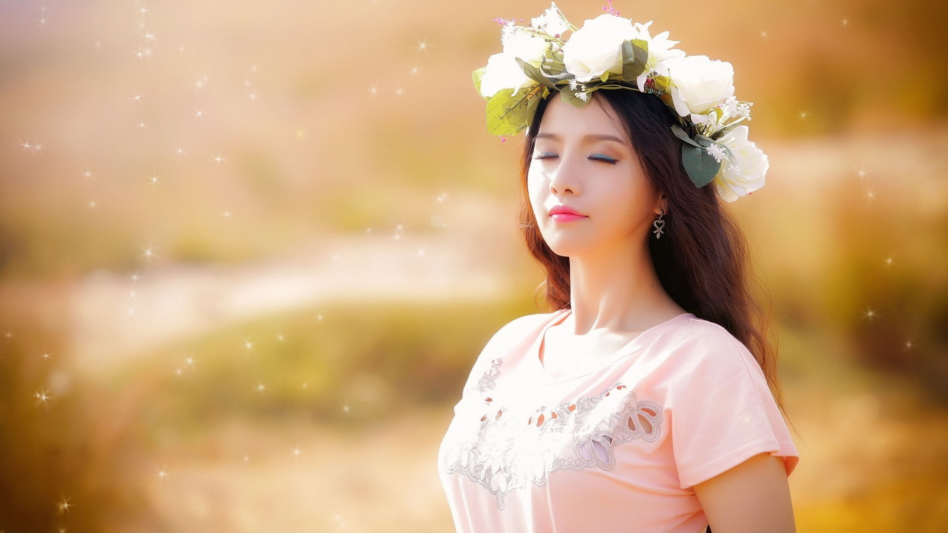 nature, closed eyes, women, young adult, contemplation, Asian, 1080P, hairstyle, flower, focus on foreground, plant, waist up, standing, looking, clothing, HD Wallpaper