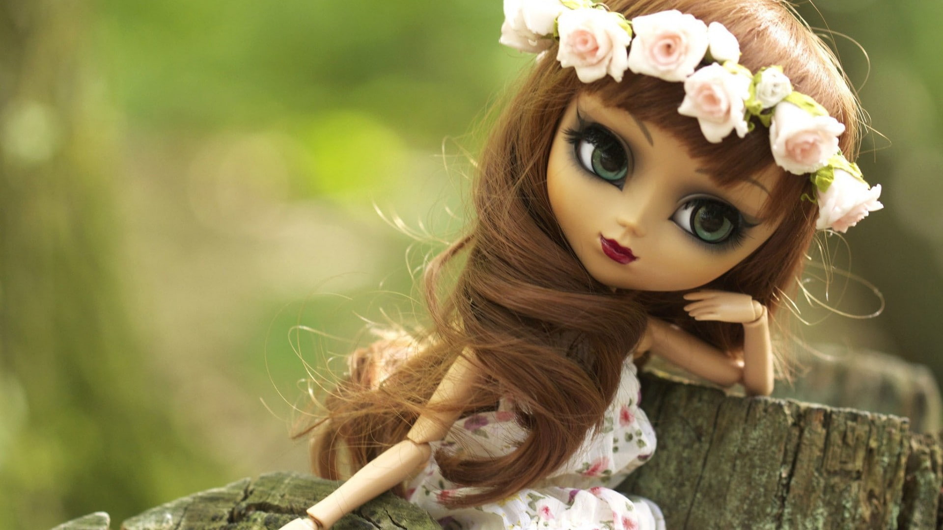 doll, beautiful woman, headshot, flowering plant, 1080P, brown hair, portrait, toys, young adult, fashion, one person, beauty, long hair, wearing flowers, HD Wallpaper