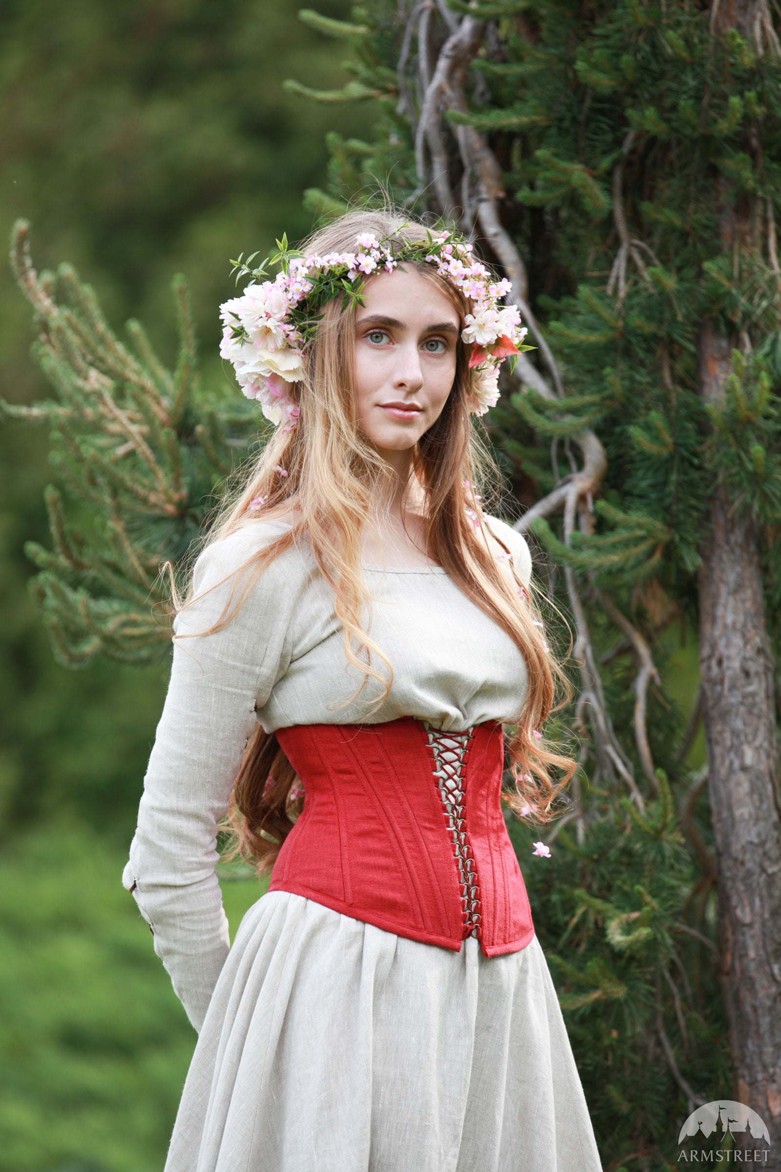 women, wavy hair, laurel wreath, 1080P, long hair, royalty, plant, portrait, dress, flowers, hippie, model, portrait display, corset, fashion, women outdoors, Phone HD Wallpaper