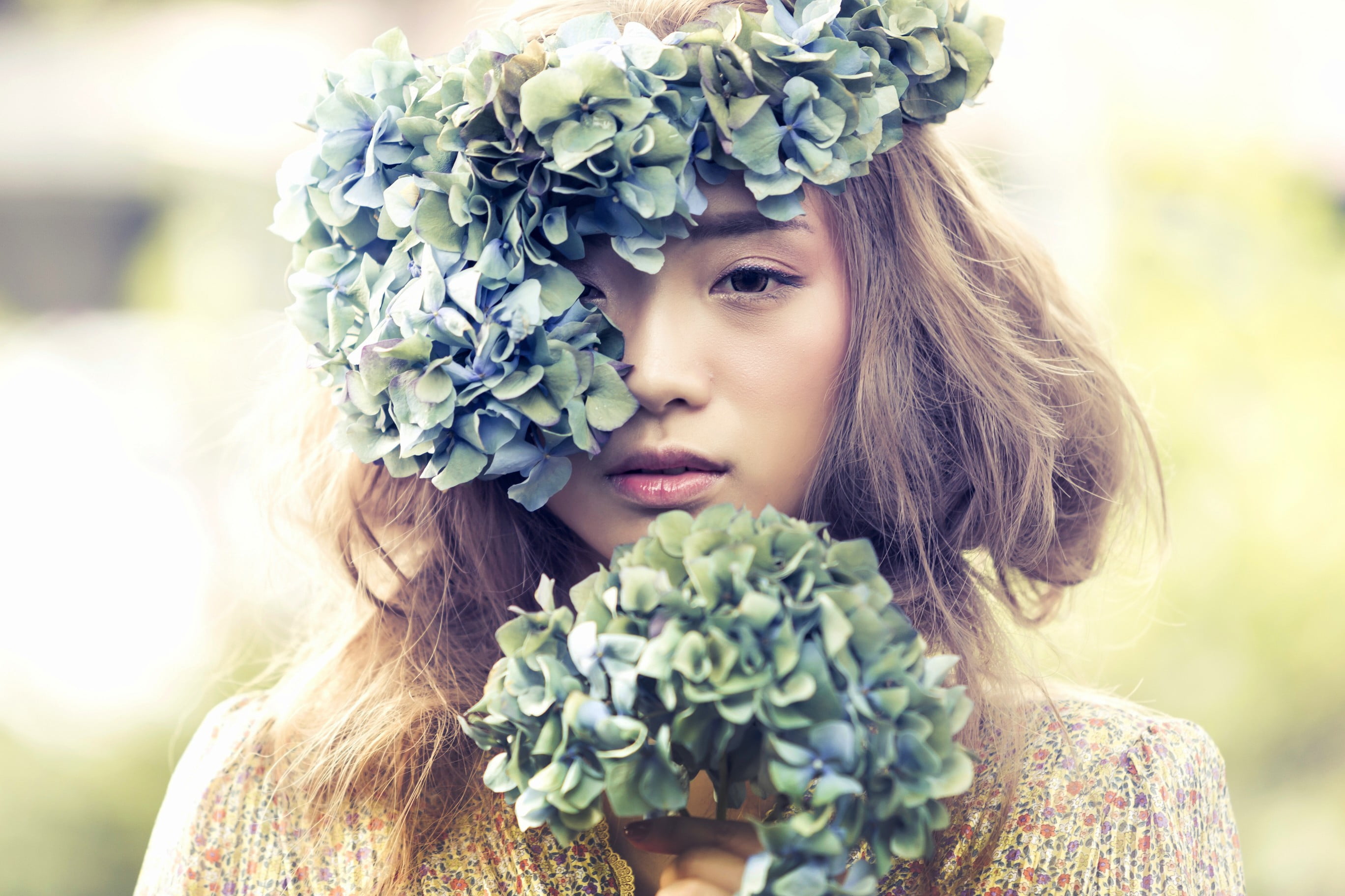 model, blonde, women, beauty, Asian, laurel wreath, flower, nature, bouquet, adult, hairstyle, one person, headshot, hair, outdoors, beautiful woman, flowering plant, HD Wallpaper